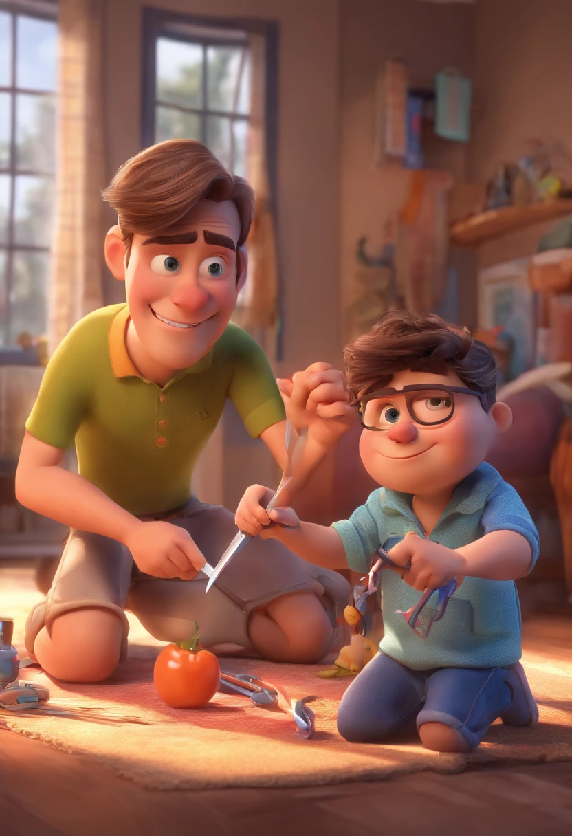 Estilo Pixar: The grown man is holding a naked blue-eyed boy and in his other hand he is holding a pair of scissors and is trying to cut off the boy's testicles,3D Poster,Disney