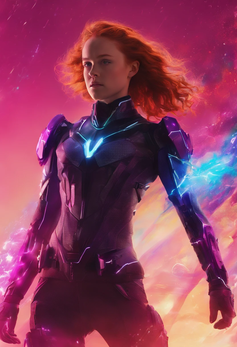 Sadie Sink em pose de luta com poderes neon iridescentes brilhantes usando um uniforme todo preto e roxo e branco com raios eletricos neon roxos atras dela, Flying and your hair flowing, photographic lighting, uhd, 4k, unreal engine, marvel, poster da marvel, superpoderes, fiction, voando