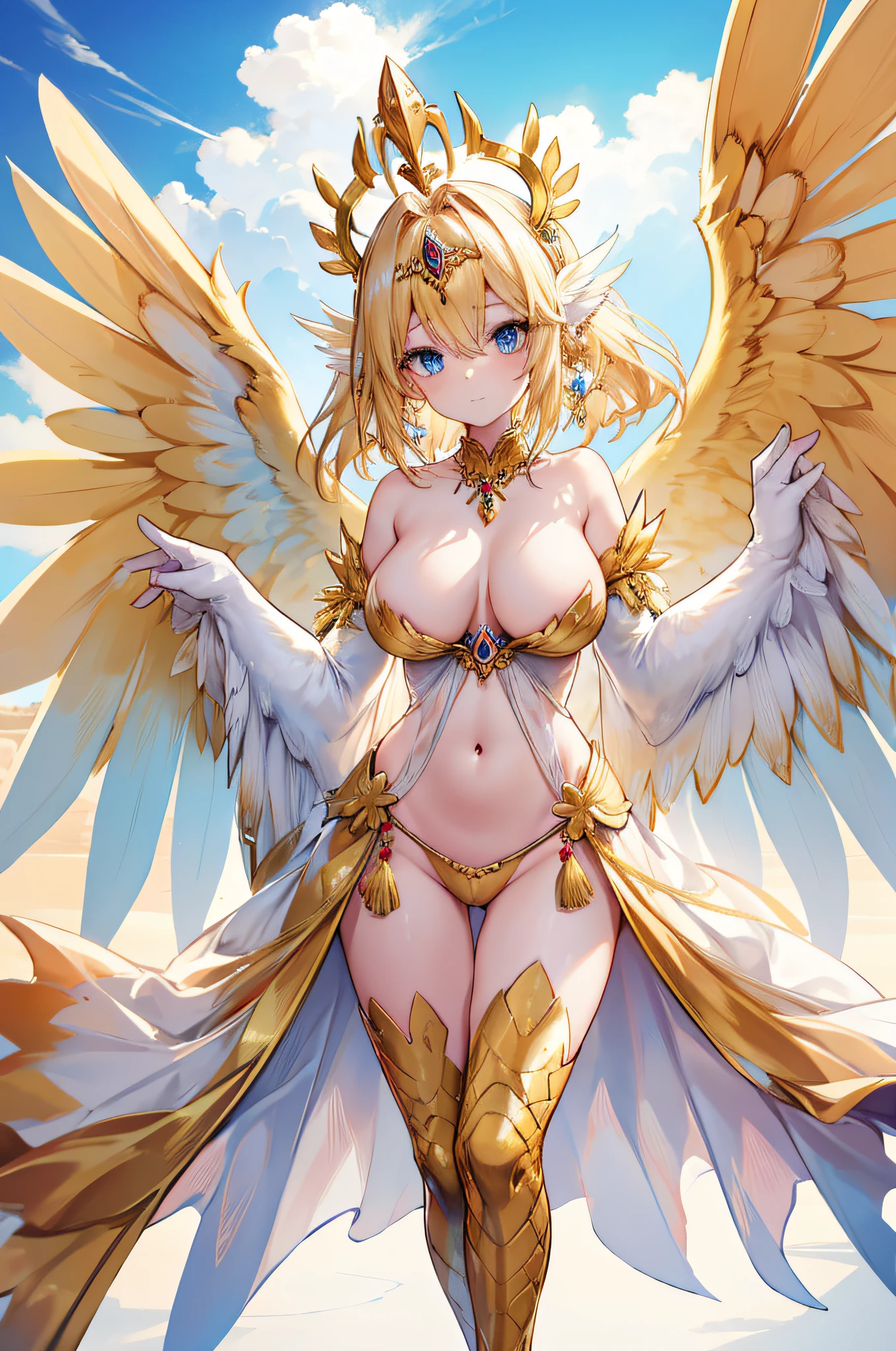 4k,hight resolution,One Woman,harpy,Bright blonde hair,Longhaire,Bright blue eyes,huge tit,Bright white wings,Golden toenails,goddes,Winged headgear,jewel decorations,Temple in the Sky