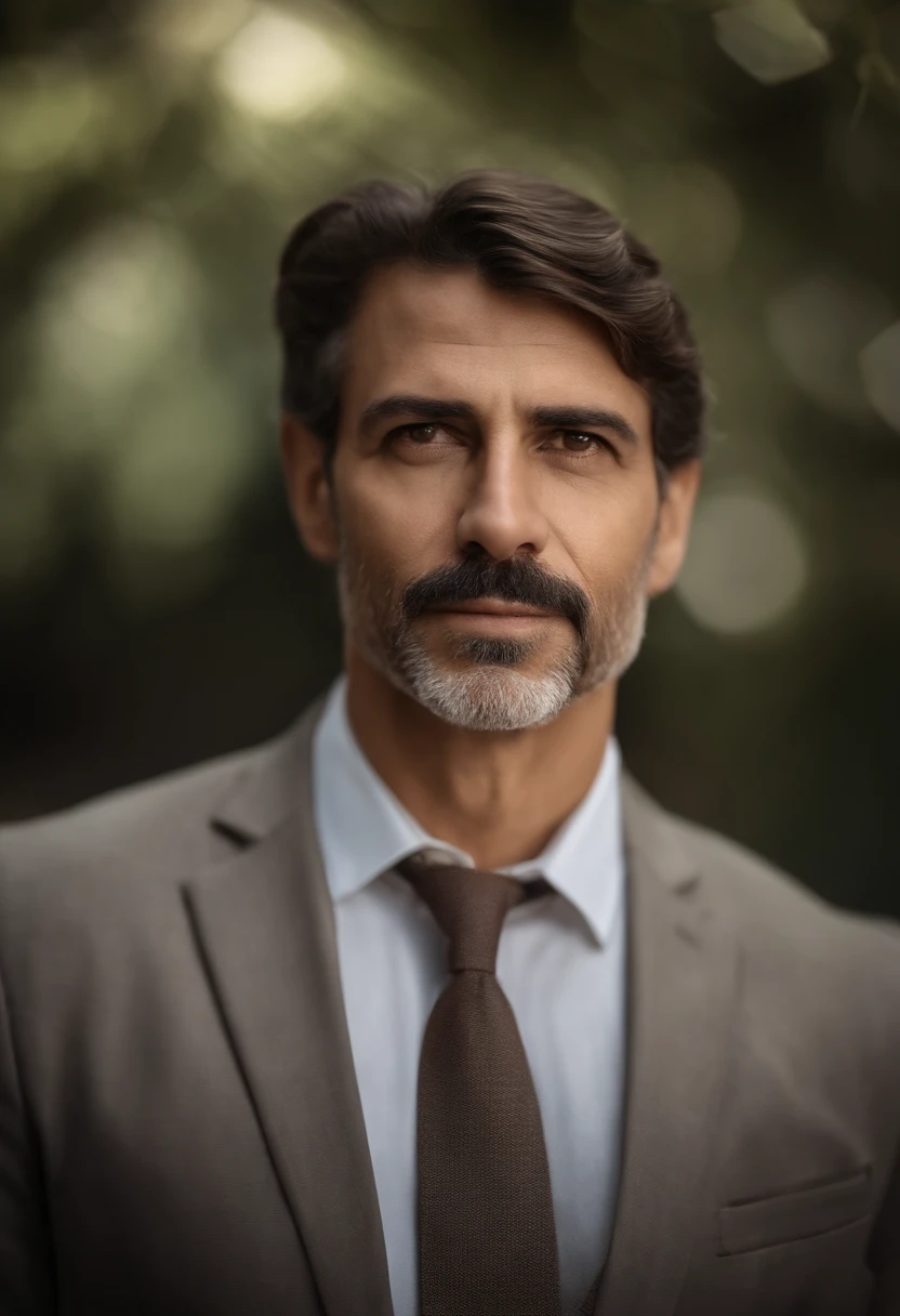 Realistic portrait of middle-aged business professional, 110 libras de peso, profissionalmente vestido com terno e gravata, alta qualidade, highest resolution, straighter appearance, profissional, belos olhos detalhados ligeiramente acastanhados, beautiful detailed lips, barba curta, cabelos curtos grisalhos;, kind expression, sorriso quente, olhar diferenciado, Equal Illumination, cores suaves, Medium Canvas, textura ultra-detalhada,master part:1.2