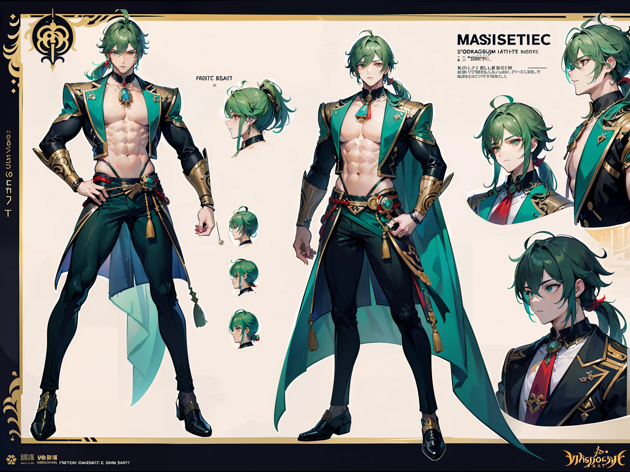 ((Masterpiece, Highest quality)), Male, boy, Detailed face, character design sheet, full bodyesbian, Full of details, frontal body view, back body view, Highly detailed, Depth, Many parts, Muscle boy with ponytail long green hair,handsome man, muscle body, vampire outfit clothes, Genshin Impact, man tall, pectoral muscles, abs