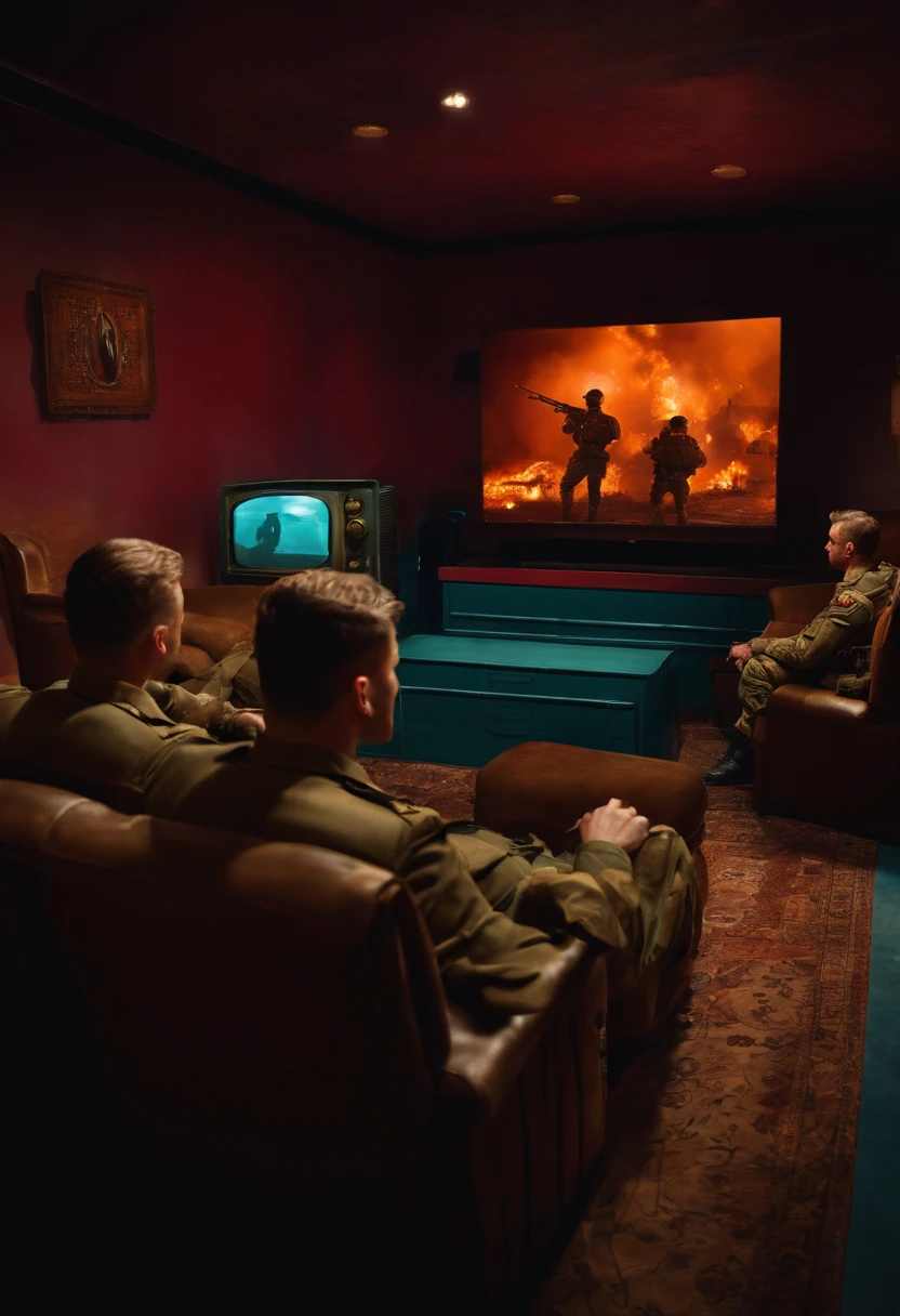 soldiers in a room watching television