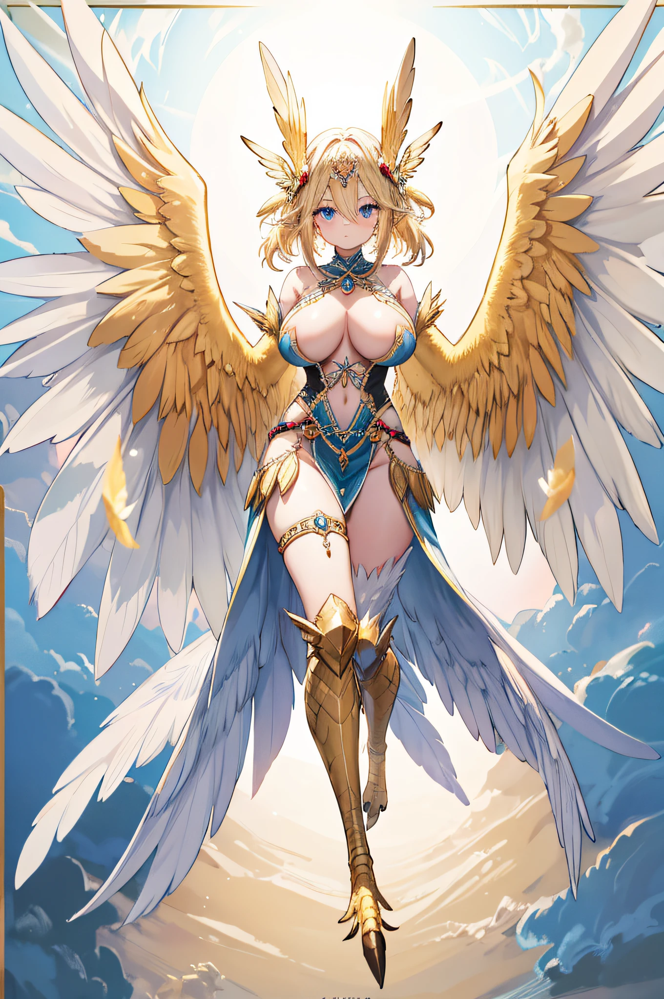 4k,hight resolution,One Woman,harpy,Bright blonde hair,Longhaire,Bright blue eyes,huge tit,Bright white wings,Golden toenails,valkyrie,Winged headgear,jewel decorations,Temple in the Sky