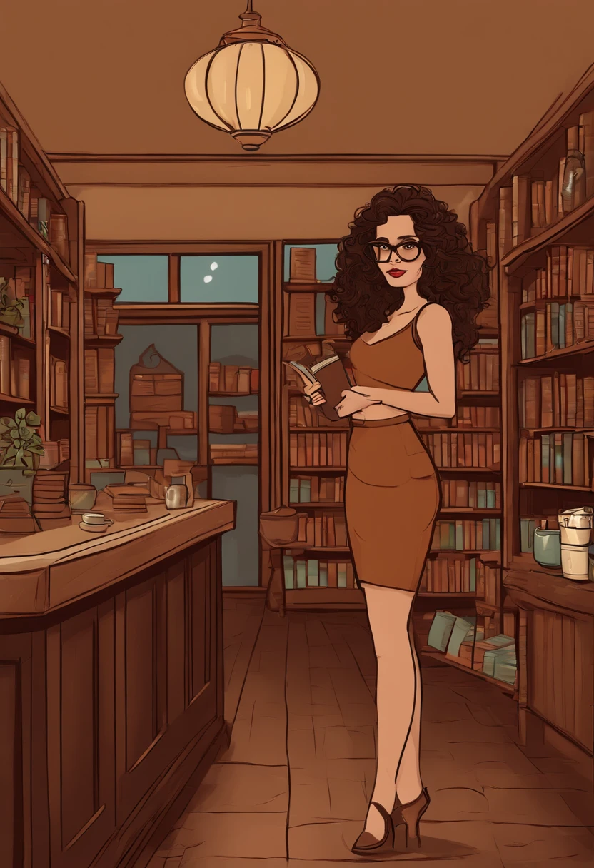 A brunette woman with very curly dark brown hair and long medium length, olhos castanho escuro, dark brown round glasses. She's wearing a brown tank top with a pair of brown pantaloons and she's in a coffee shop standing next to a bookshelf holding a disney pixar-style book