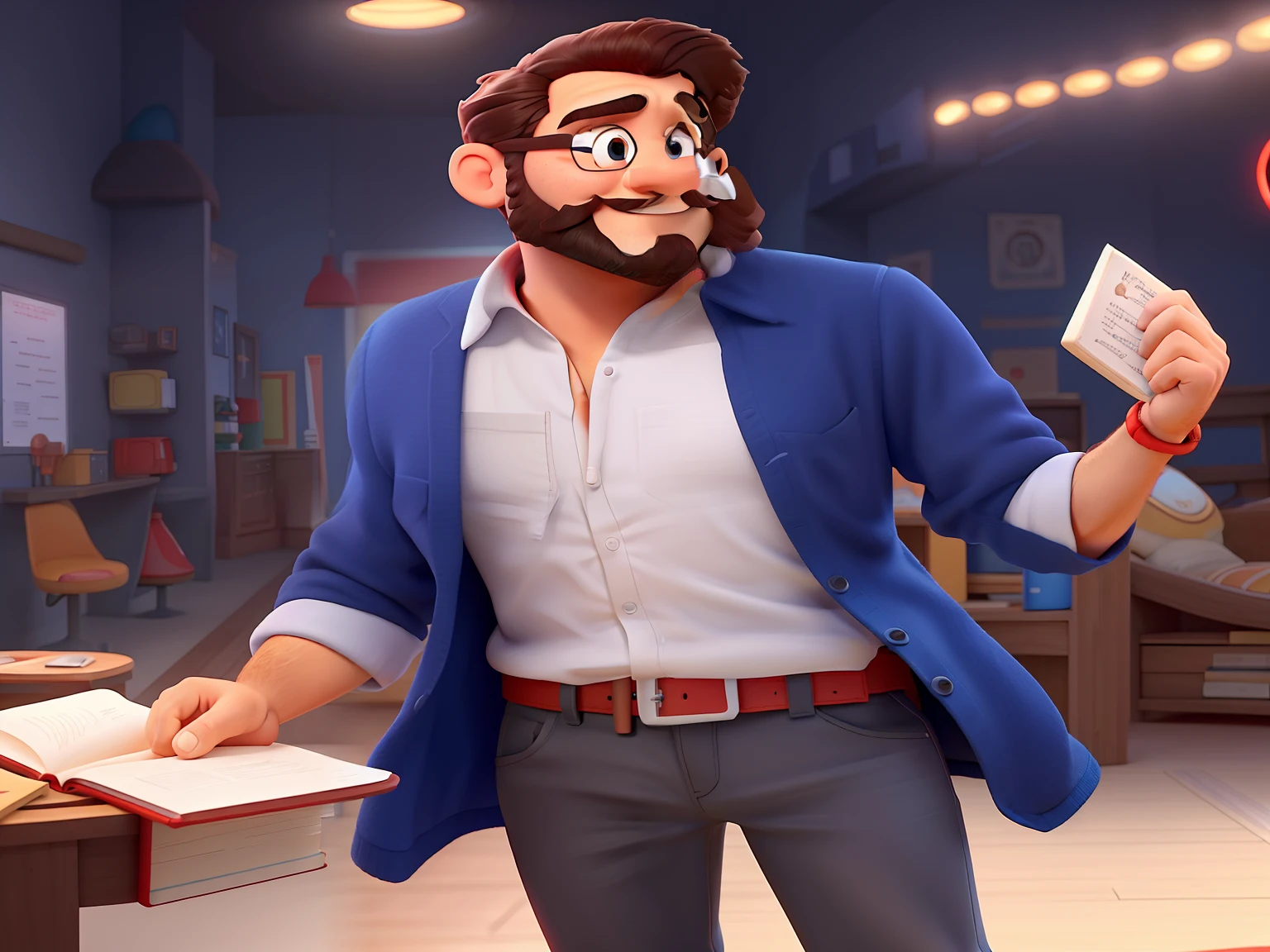 Pode melhorar barba mais rala com uns fios brancos, Make the full body appearing white red shoes. Man stands on black background on a speaker-like stage with microphone in one hand and book in the other in Disney pixar style best quality, maior qualidade.