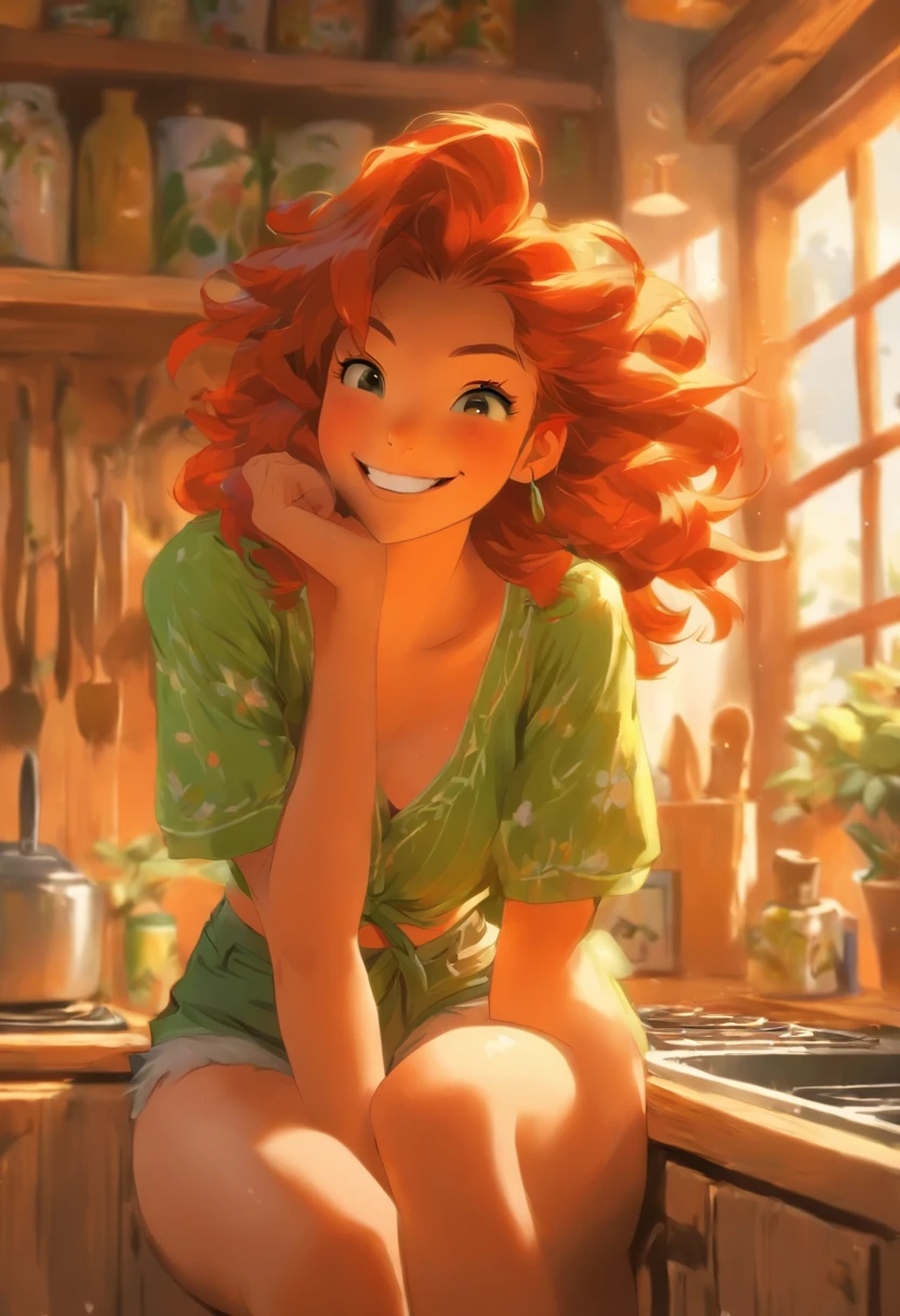 ,Full body portrait of a beautiful young redhead woman sitting on kitchen counter, ela tem longos cabelos vermelhos cacheados, ela tem um rosto bonito, She's smiling happily, Wearing a green microbikini, (enorme_seios:1.2), Seios enormes, seios grandes, , wearing short shorts, She's got pale thighs, detalhes finos, pinceladas soltas, Cottagecore, tons quentes, interior da casa de fazenda, Velázquez Painting Style,