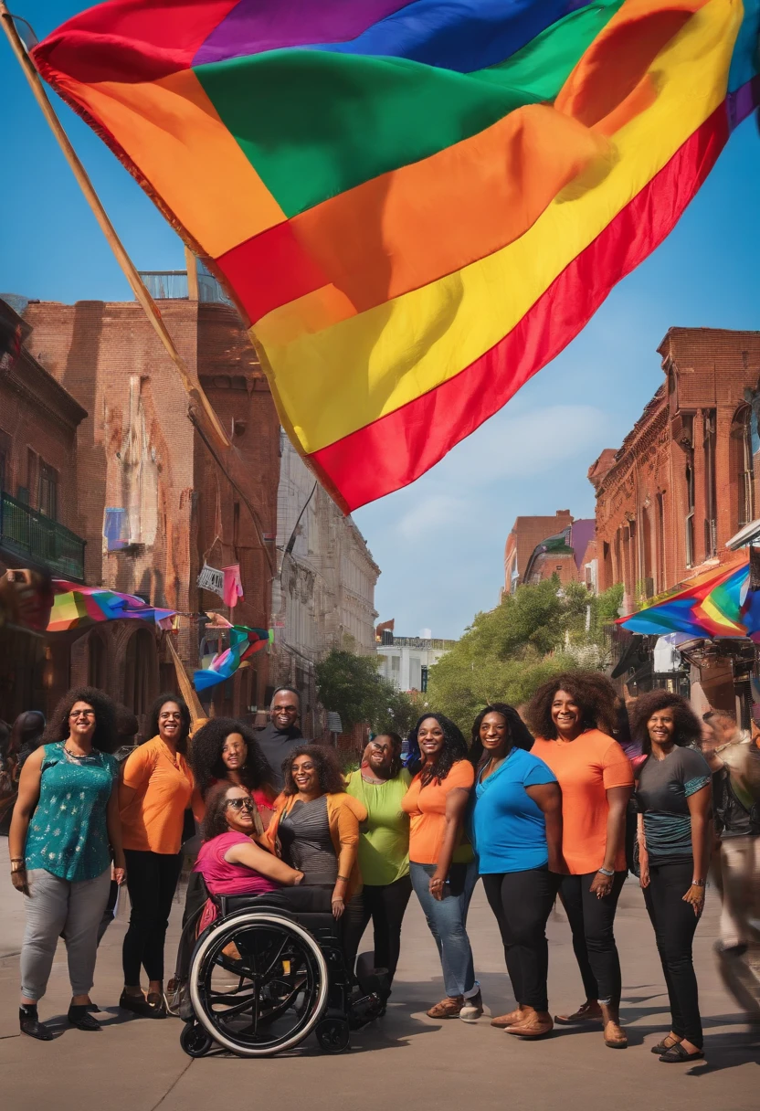 group of various people with different ethnicities, people with disabilities, rainbow flag in the background of a city, written in large colorful MDB.