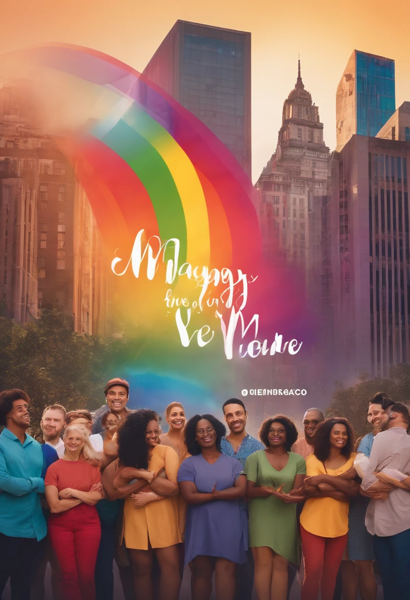 group of various people with different ethnicities, people with disabilities, rainbow flag in the background of a city, written in large colorful MDB.