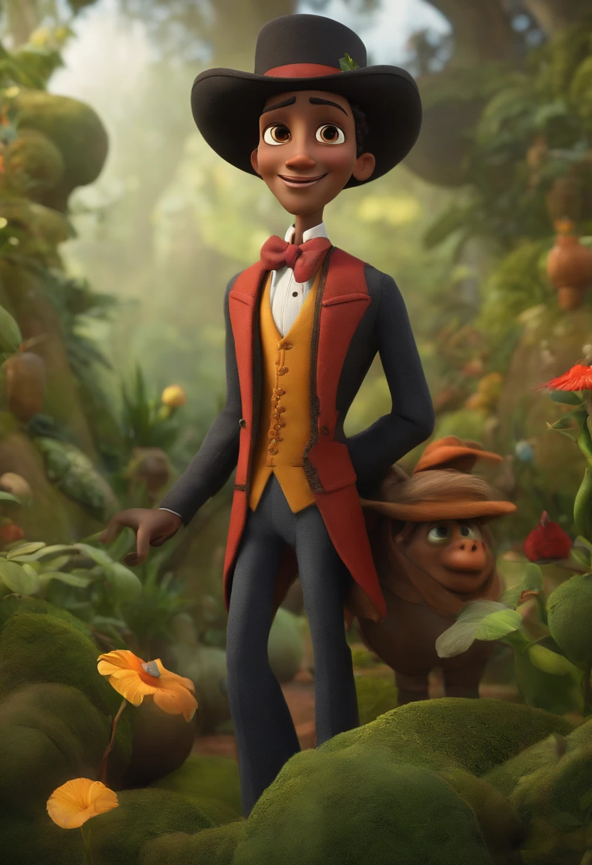 A dream botany inspired by Pixar animation, de perto. The character takes center stage with captivating facial expressions, oferecendo um toque de irrealidade, cabelos longos e negros, olhos castanhos e grandes, pele negra, Dressed in trousers and waistcoat