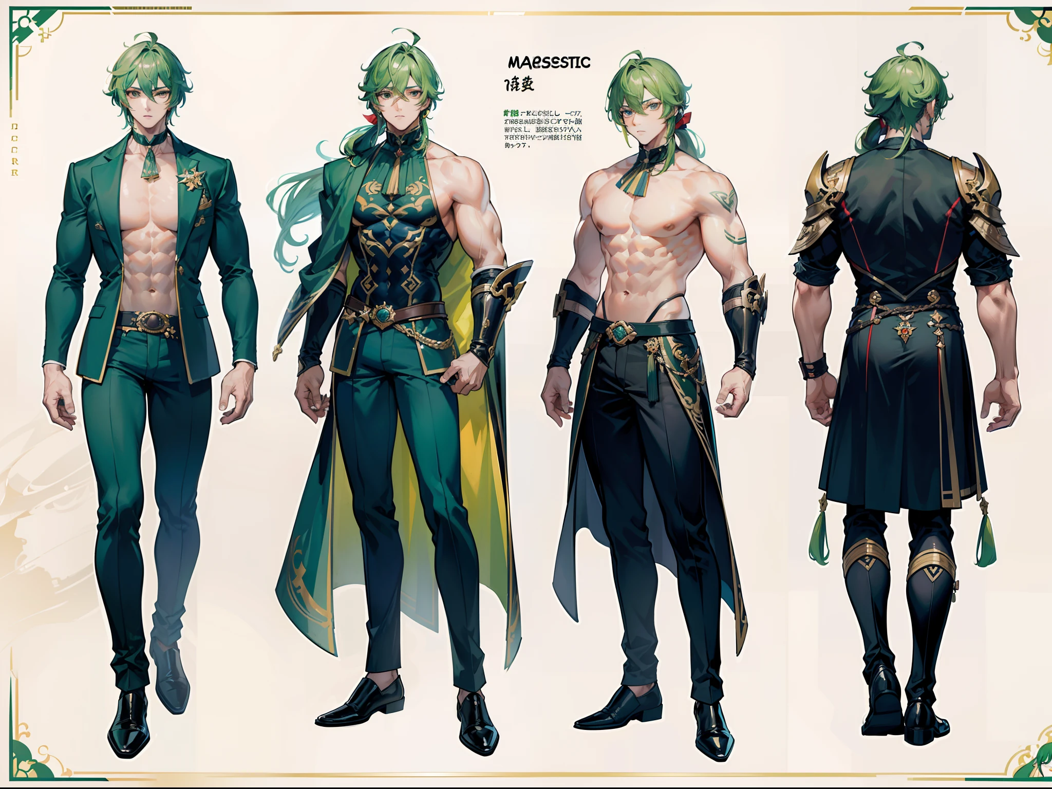 ((Masterpiece, Highest quality)), Male, boy, Detailed face, character design sheet, full bodyesbian, Full of details, frontal body view, back body view, Highly detailed, Depth, Many parts, Muscle boy with ponytail long green hair,handsome man, muscle body, vampire outfit clothes, Genshin Impact, man tall, pectoral muscles, abs