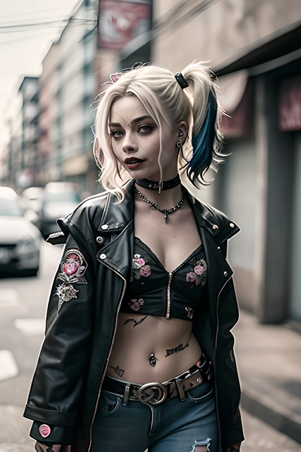 ((NSFW)) Masterpiece, portrait of a beautiful young lady with the apearance of harley quinn with pretty make-up and black glossy lips. She is posing suggestively beckoning the viewer to her with a sexy and sultry expression. She has a tattoo od a skull and heart. She has thick long blonde hair tied in twin bunches with pink and blue ends and she is wearing a tight leather jacket falling off one shoulder and tight black and red short leather skirt with chains and fishnet stockings. She is in a city alleyway in the dusk sun. She has large Voluptuous breasts. One hand is holding one of her breasts pulling the bra away to reveal a nipple. Taken by professional photographer using a canon 5D mark 3. Extremely detailed and colourful --ar 2:3 --v 6.0 --style raw --s 750