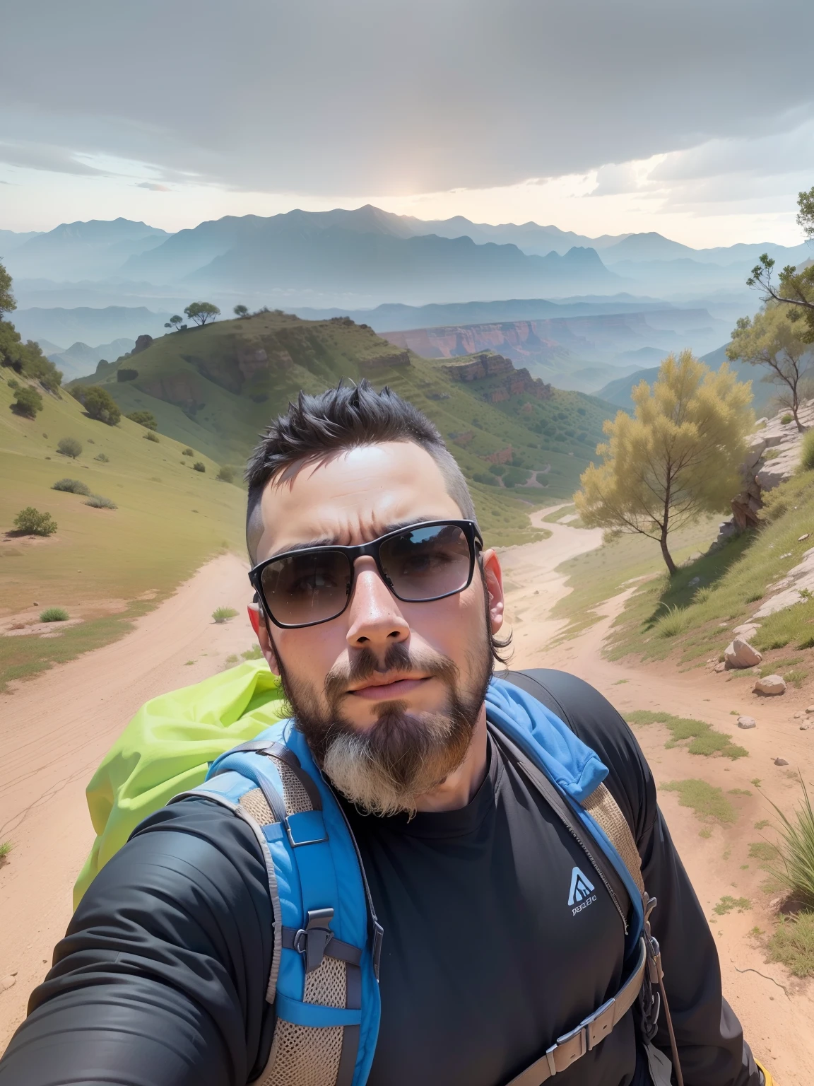 In a big canyon, A boy kneels with one hand, Cracked ground at your feet, Mountains behind him, sky in the distance, e um monte de qi de espada ao redor dele