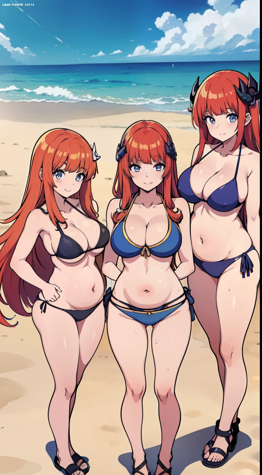 3 25-year-old woman in bikini on the beach, 3 women, Three girls in bikinis, 25-year-old female, best qualityer, 8k 3 girl standing, swimmingpool, Long hair, Teasing smile, Shoujo Mangacore, Anime tassel style, comic strip,Defined body, 比基尼, mediuml breasts. 比基尼, colorfull long hair ((3 women)) a woman in the beach，Pregnant women with，Large breasts，Large cleavage