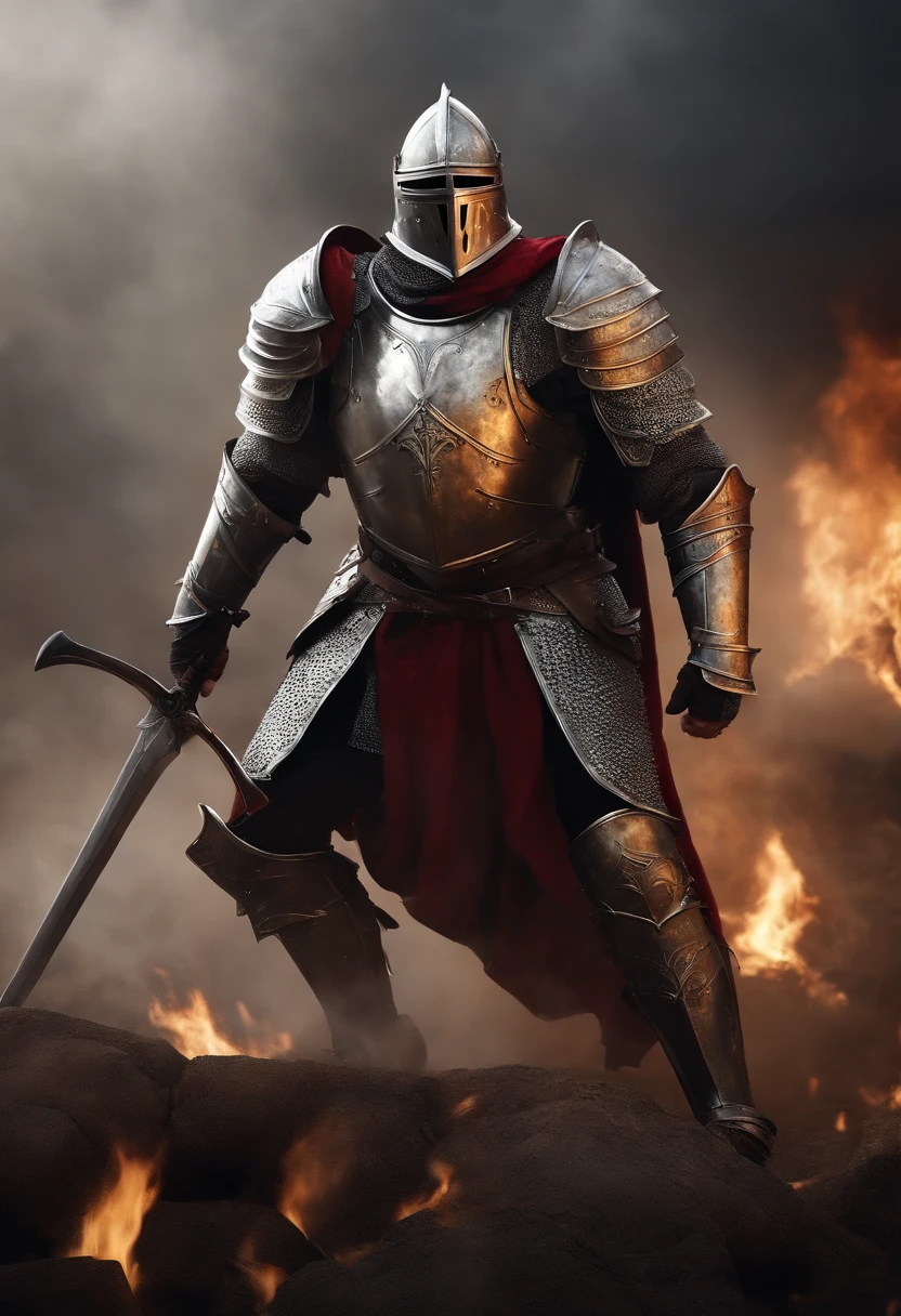 Imposing knights in heavy armor stand on the battlefield, Wielding a huge tomahawk. His armor shone with a metallic sheen, Demonstrate its strength and defensive capabilities. The intricate details of the armor add to its impressive appearance. The background is full of smoke, Create a tense and fierce atmosphere of battle. This high-quality image captures the essence of the heavily armored knight, Perfect for projects that require a sense of strength and determination.