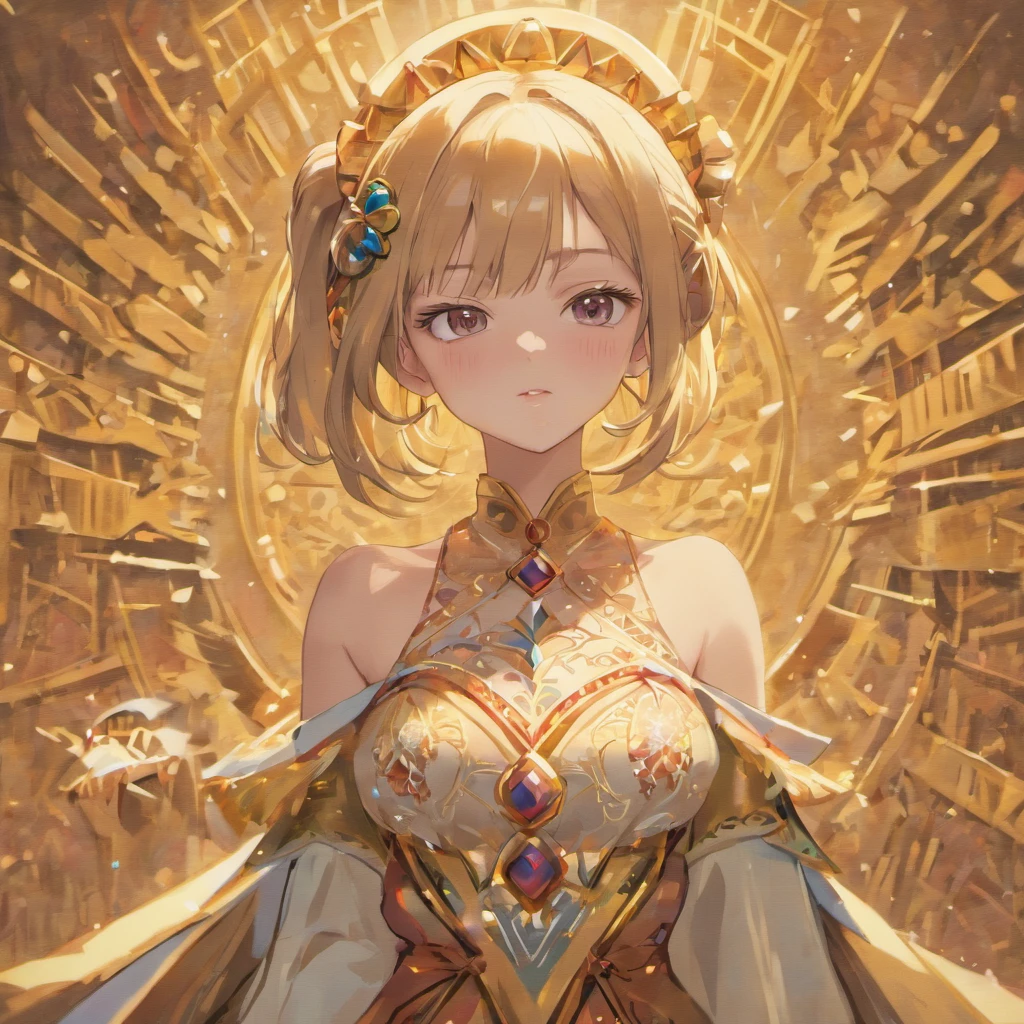 A beautiful princess wearing a deep yellow dress inspired by the gemstone topaz. Gorgeously sparkling topaz in the background