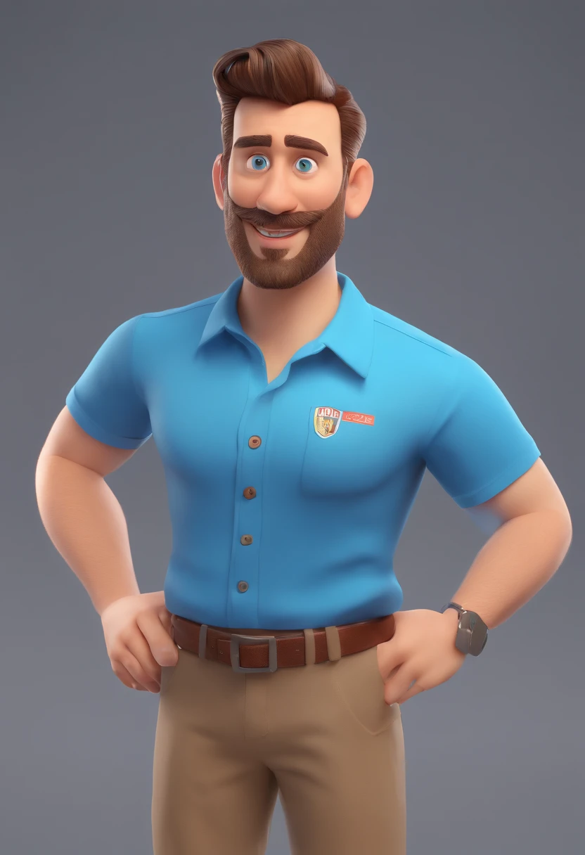 Um homem estilo 3D Pixar olhando para a frente. parecendo cerca de 40 anos, Wearing a blue button-down shirt. sem barba no rosto. Sorriso natural. Blue eyes and short brown hair with a bit of baldness. The skin is brown and the face is thin. corpo de um homem atletico.