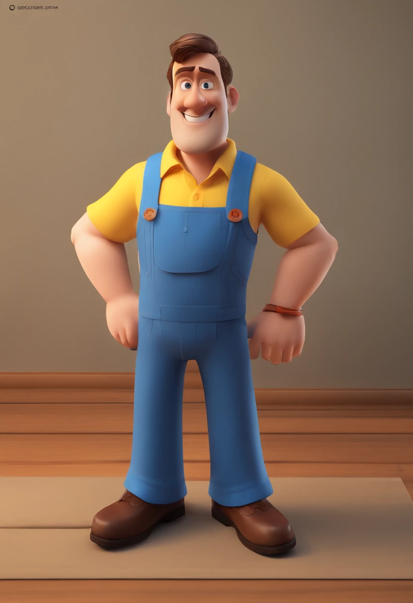 Um homem estilo 3D Pixar olhando para a frente. parecendo cerca de 40 anos, Wearing a blue button-down shirt. sem barba no rosto. Sorriso natural. Blue eyes and short brown hair with a bit of baldness. The skin is brown and the face is thin. corpo de um homem atletico.