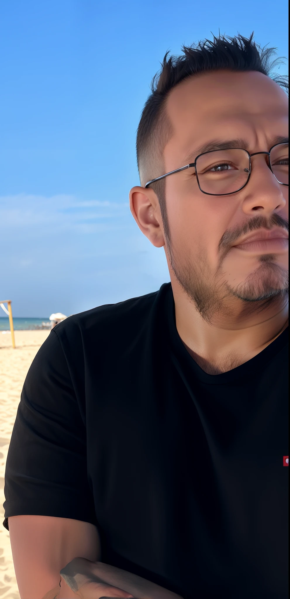 Man sitting on a rock on the beach with arms crossed, Pixar style, he's wearing a black t-shirt, vestindo uma camiseta preta, vestindo uma camiseta preta, foto de retrato detalhada, vestindo camiseta preta, Brandon, arms crossed on chest, vestindo uma camisa preta, Tony Sandoval, Homem magro com pele bronzeada clara, tomada em 2 0 2 0