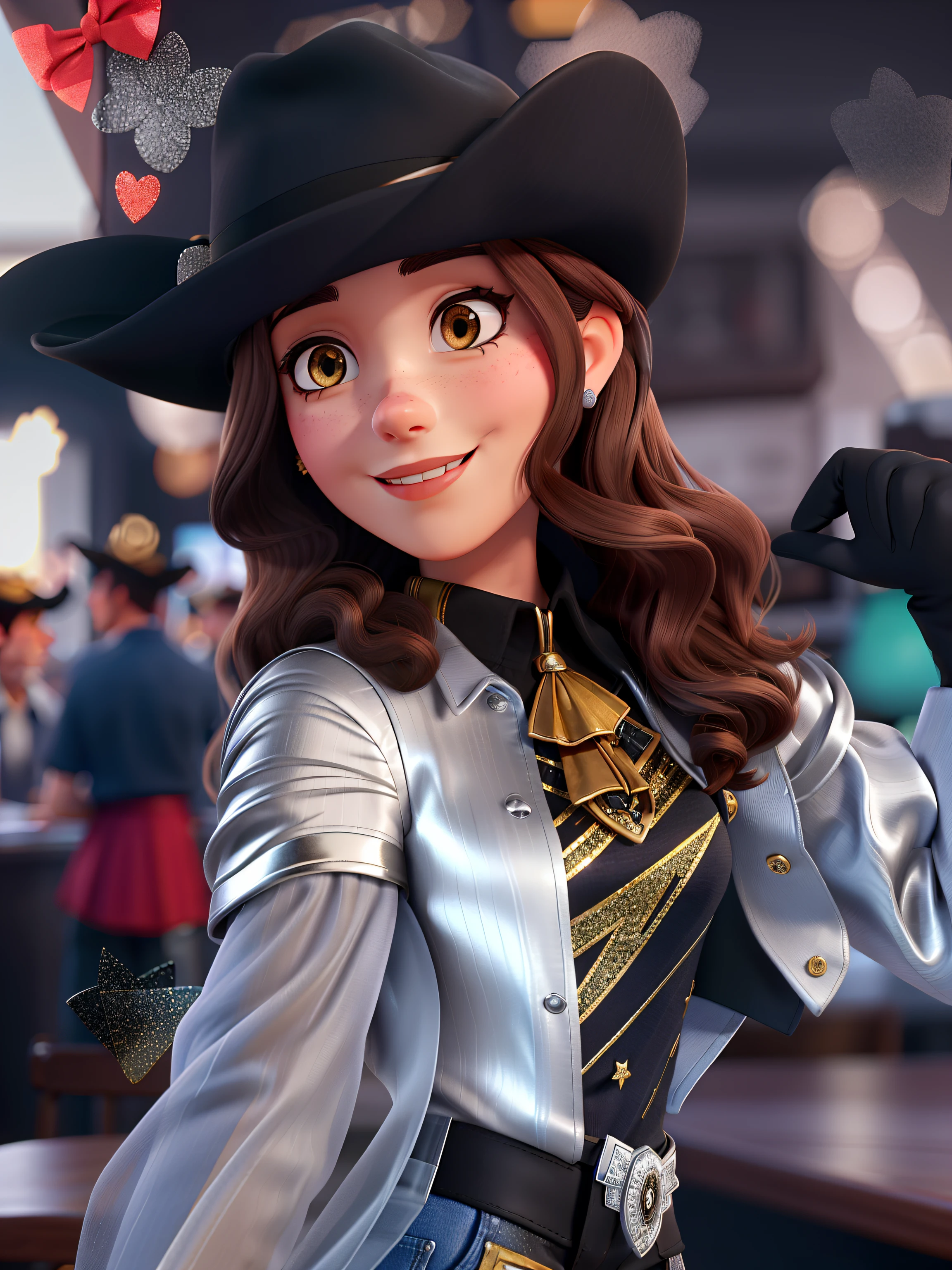 Mulher 24 anos linda,Brown hair with black hat and silver glitter blouse at a rodeo