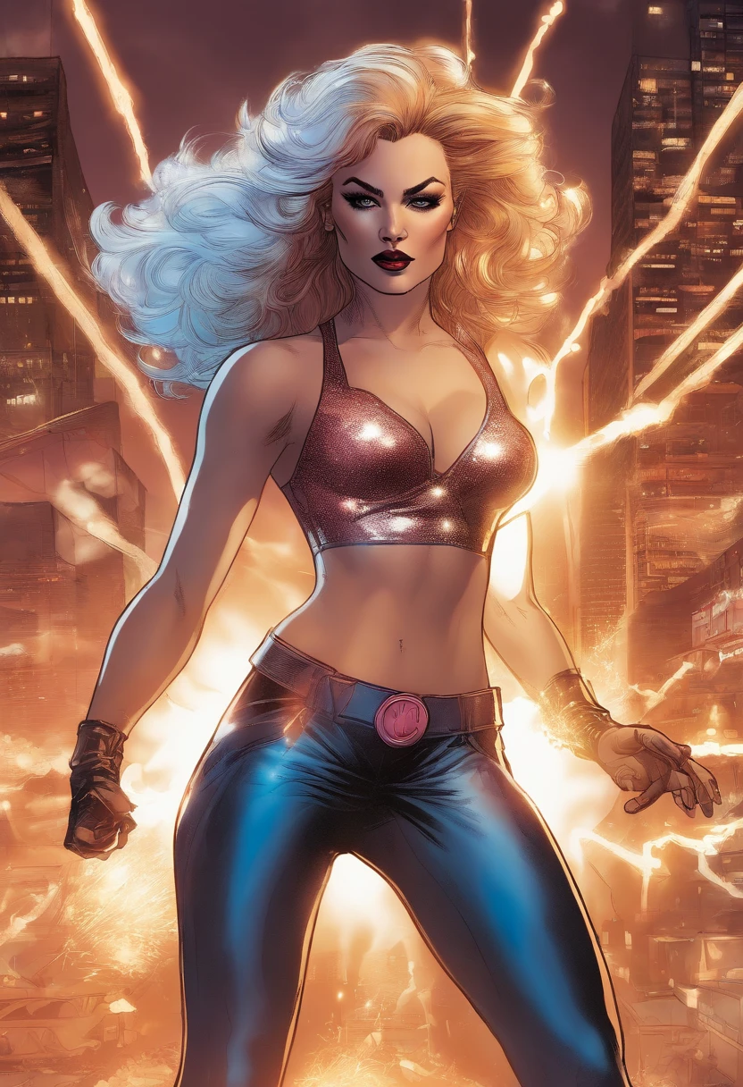 ((ao estilo de Jim Lee)) Render a full-body portrait of Marvel's Dazzler striking a fierce pose under a neon-lit city backdrop, with fireworks exploding over the top. longos cabelos loiros, She's invoking her powers, Then she has a trail of bright light behind her, iluminando sua roupa punk rock branca. Be sure to capture your unique sound waves emanating from your hands and include some vinyl records scattered around you to reference your music-themed powers.