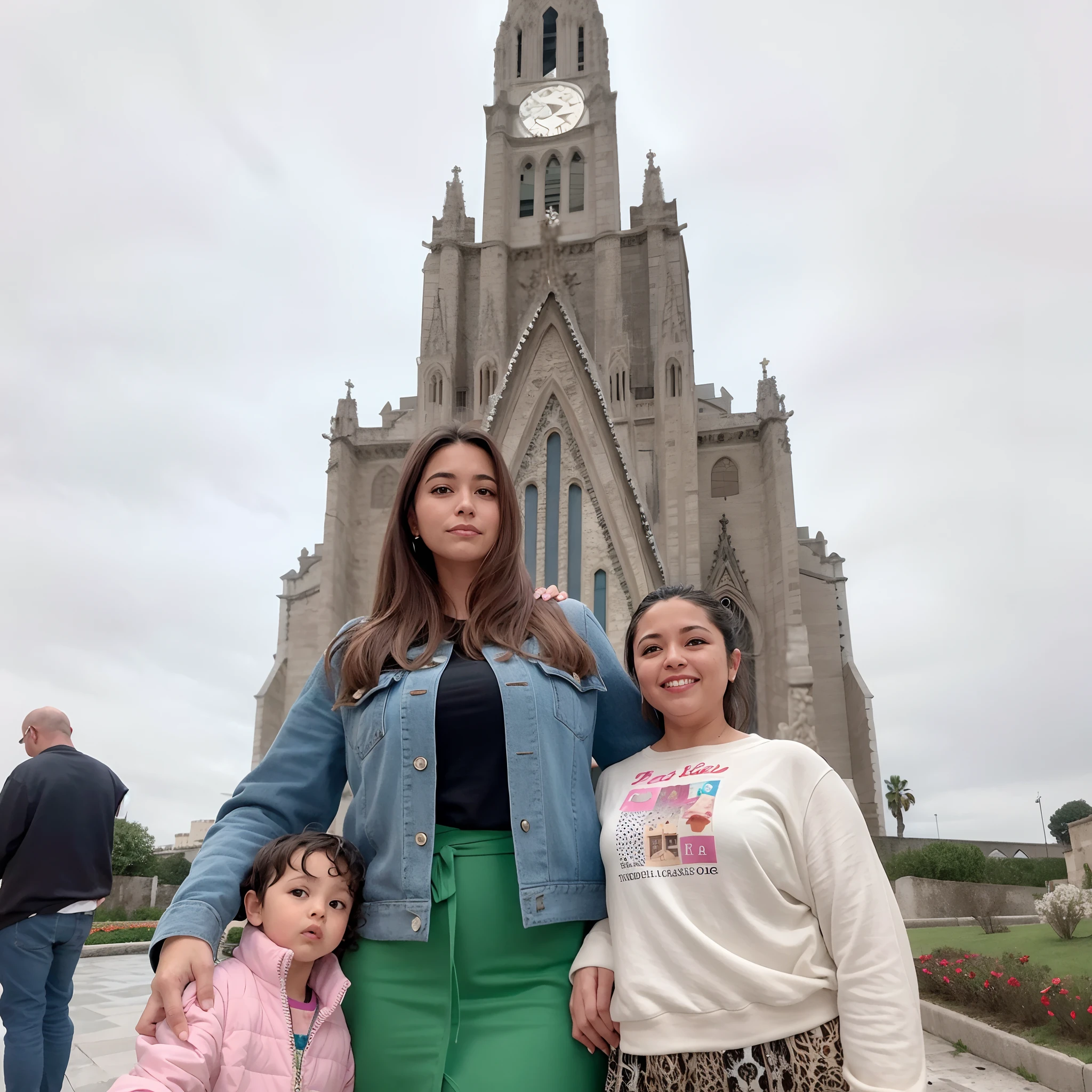 There are two women and a child in front of a church, com torres, Catedral ao fundo, ancient catedral behind her, igreja no fundo, Minas Tirith ao fundo, catedral!!!!!, em frente ao templo, em barcelona, com um castelo ao fundo, Gaudí Sagrada Familia, ( castelo no fundo ) estilo desenho da pixar