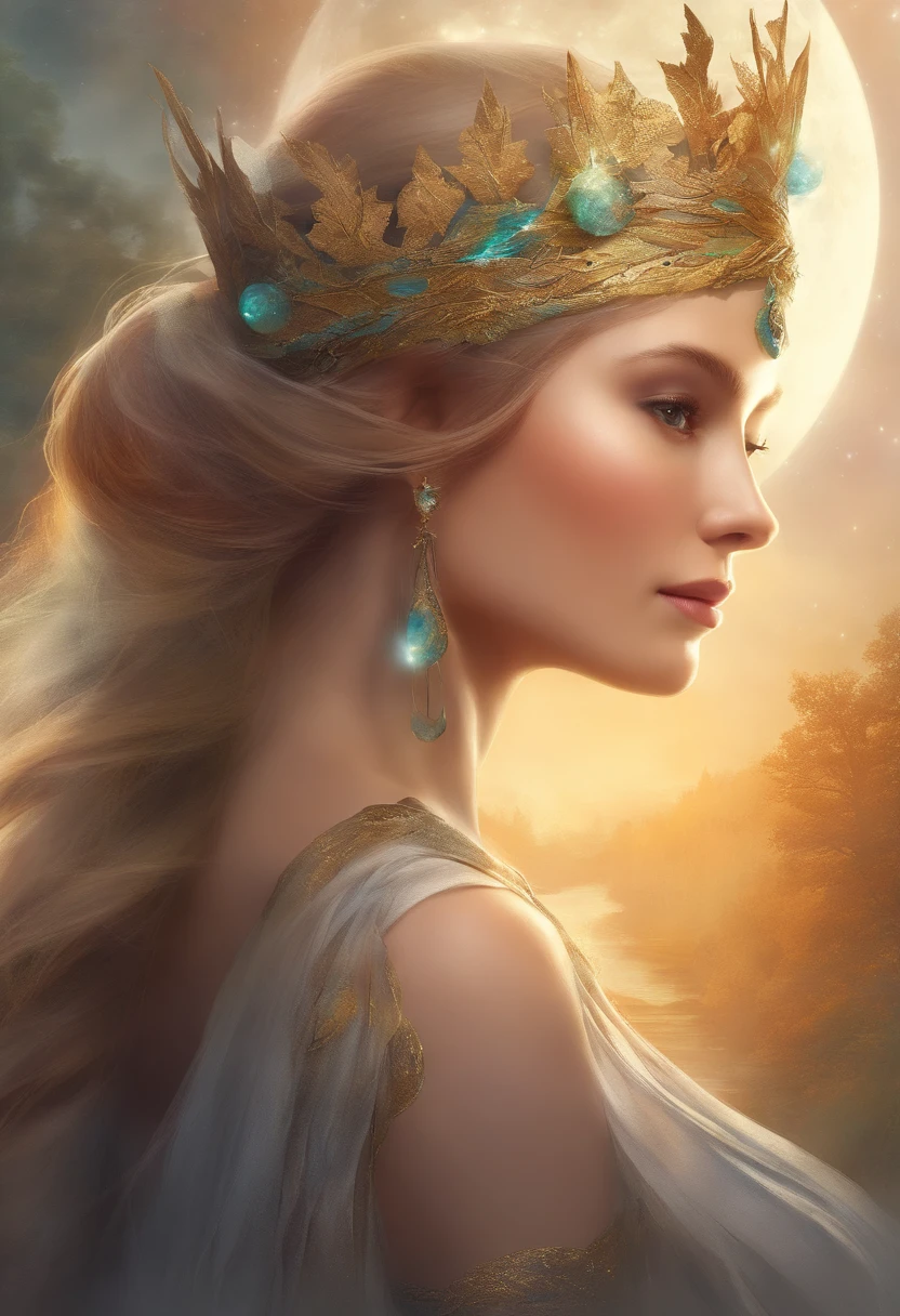 Close-up of a woman with a crown on her head. Goddess of the Moon and the Forest. She turns her back on the camera under the full moon. Image de dos. Fantastique. Portrait of a Norse Moon Goddess.