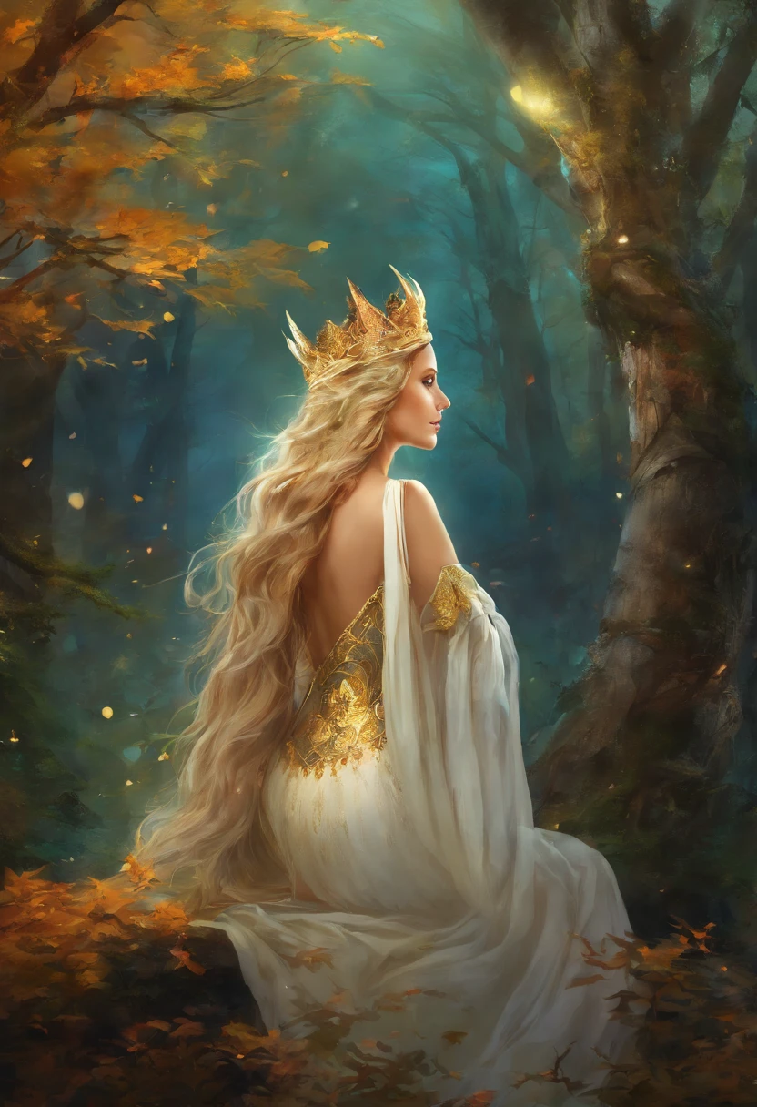 a beautiful princess with long blonde hair in a long dress holding a magic wand, in a forest setting with a moon in the background, a single golden five-clawed dragon with two wings, the princess riding on the dragon