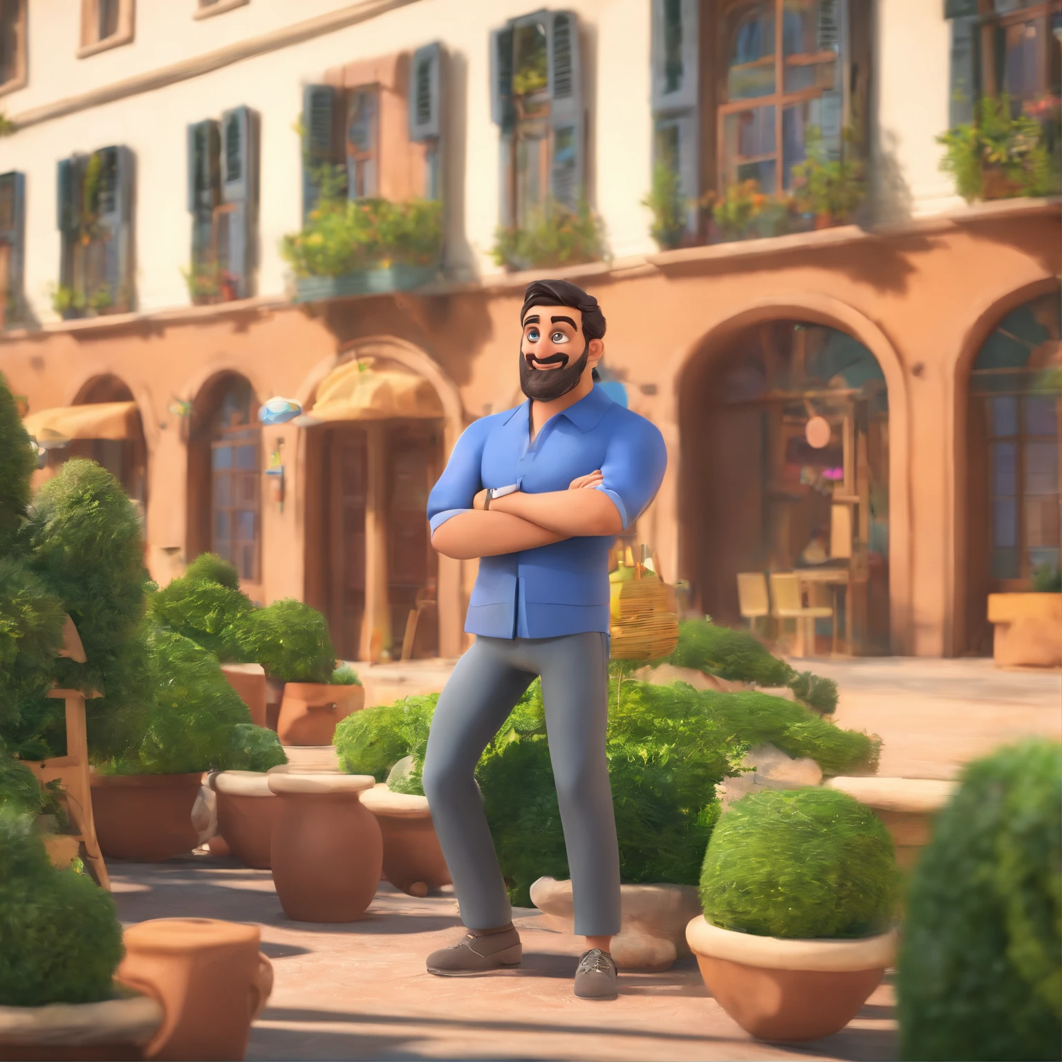3D Creation Disney Pixar Movie Scene, Pixa 3D A imagem mostra um homem moreno claro de 45 anos barba serrada curta, Short hair with entrances standing on the sidewalk in front of a building, possivelmente um hotel ou resort. He's wearing a blue shirt and a lanyard, which suggests that he may be attending an event or conference. The man is smiling and posing for the camera, giving the impression of a friendly and approachable environment. Ao fundo, Various potted plants, Adding a touch of green to the scenery. Ademais, There are a few chairs scattered around the area, possibly indicating an outdoor seating area or a place for guests to relax.pixa 3D