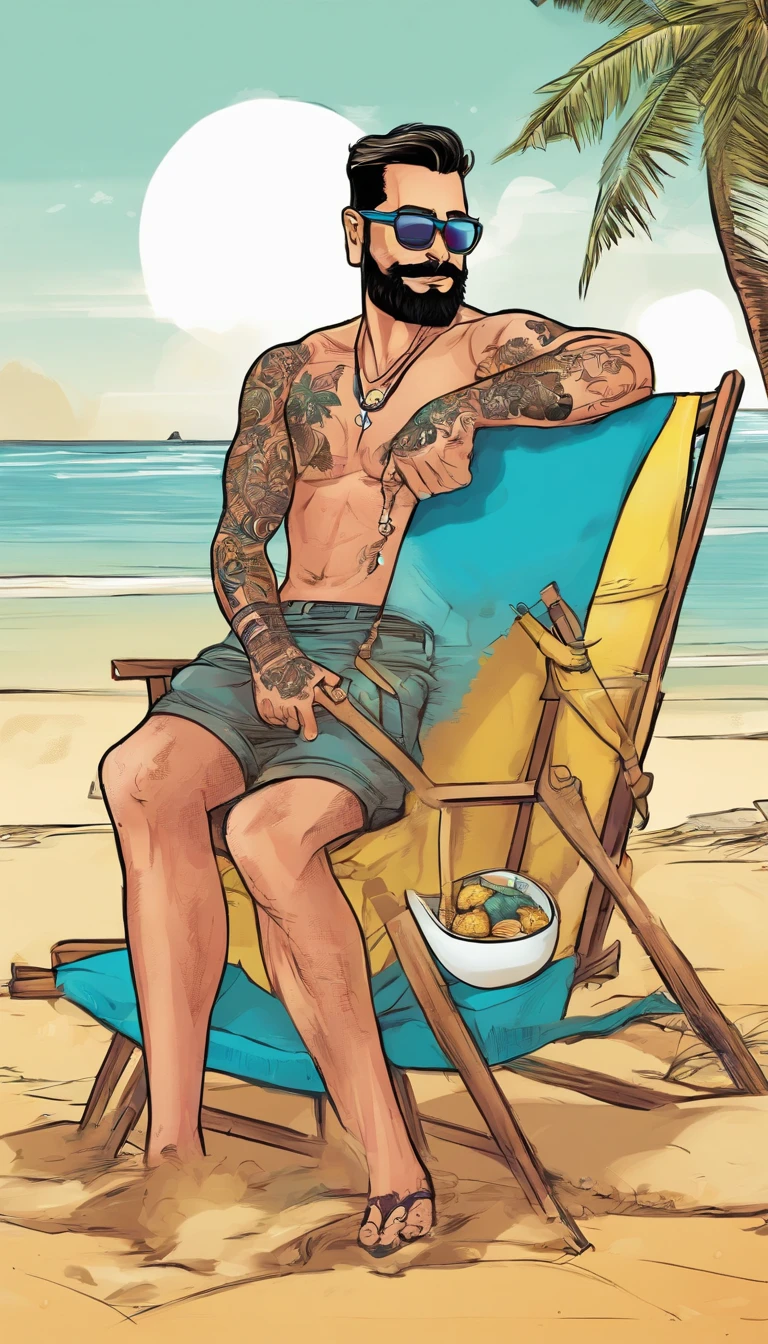 There's a man sitting on a beach chair, With tattooed arm holding a coconut, com barba e oculos escuros sorrindo, na praia
