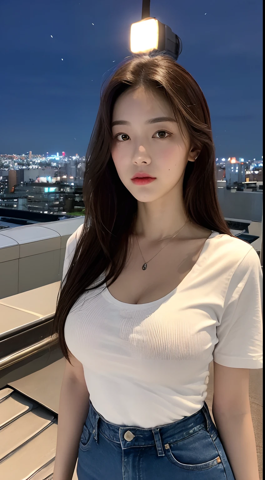 ((mid night、top-quality、8k、masterpiece:1.3)), full bodyesbian, long legged, foco nítido:1.2, Beautiful woman with perfect body shape:1.4, Slender Abs:1.1, ((dark brown hair、huge tit:1.2)), (White tight t-shirt、Tight skinny jeans 、is standing:1.2), ((Night City View、On the rooftop:1.3)), Highly detailed facial and skin texture, A detailed eye, 二重まぶた