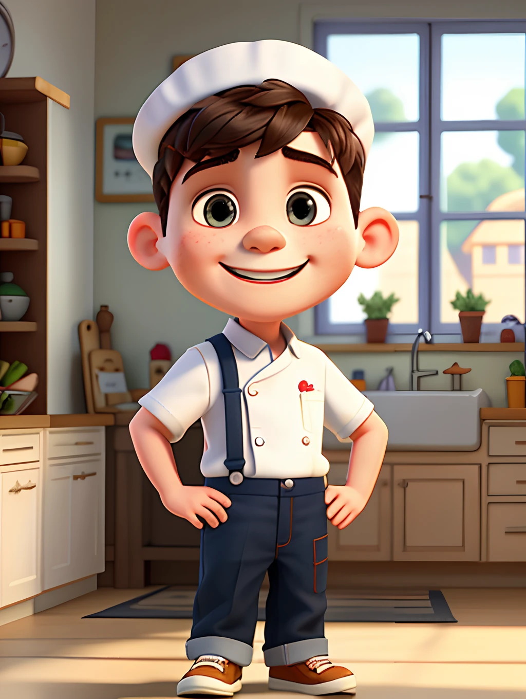Portrait of a 3--old in white cook's outfit, chef's hat, half body, looking at the viewer, smiling, chibi style, kitchen scenery, blurry background, depth of field, detailed, cartoon, drawing with strokes of designer alex ross, unreal engine, 8k