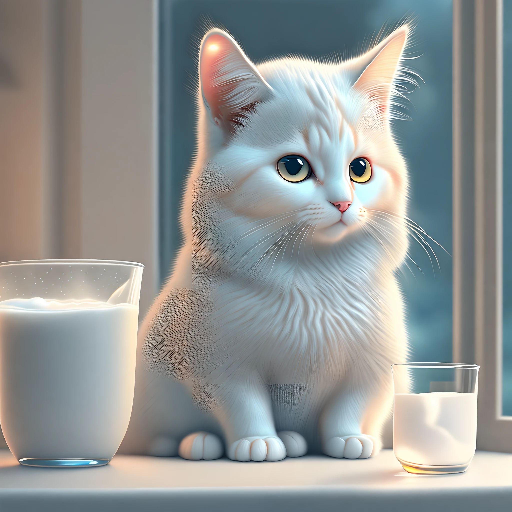 A cat was sitting next to a glass of milk, cat drinking milk, Illustration of one cat, Ultra-realistic illustrations, Ultra-realistic illustrations, hyperrealistic illustrations, catss. Realistic painting, Sabatran Cat, realistic illustration, Ultra-realistic illustrations, Human-photographed style, The background is full of colorful things,The cat has a smug face,