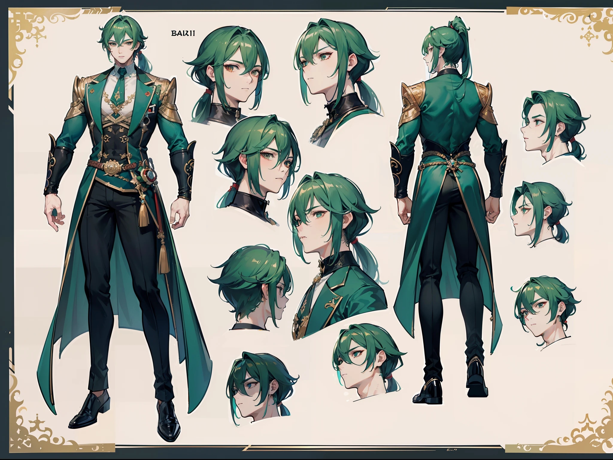 ((Masterpiece, Highest quality)), Male, boy, Detailed face, character design sheet, full bodyesbian, Full of details, frontal body view, back body view, Highly detailed, Depth, Many parts, Muscle boy with ponytail long green hair,handsome man, muscle body, vampire outfit clothes, Genshin Impact, man tall,