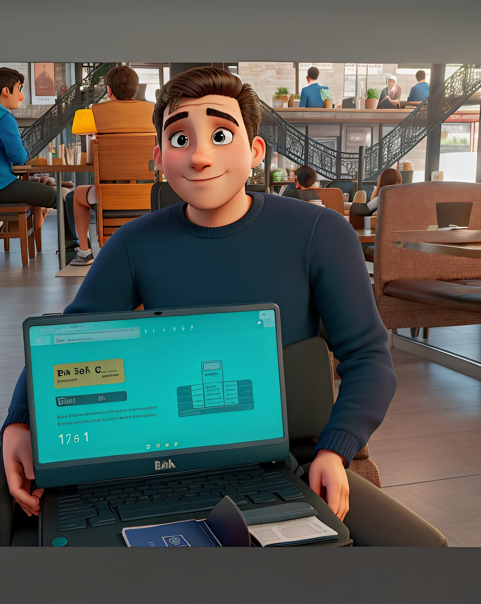 Sitting, with a notebook in hand in a restaurant