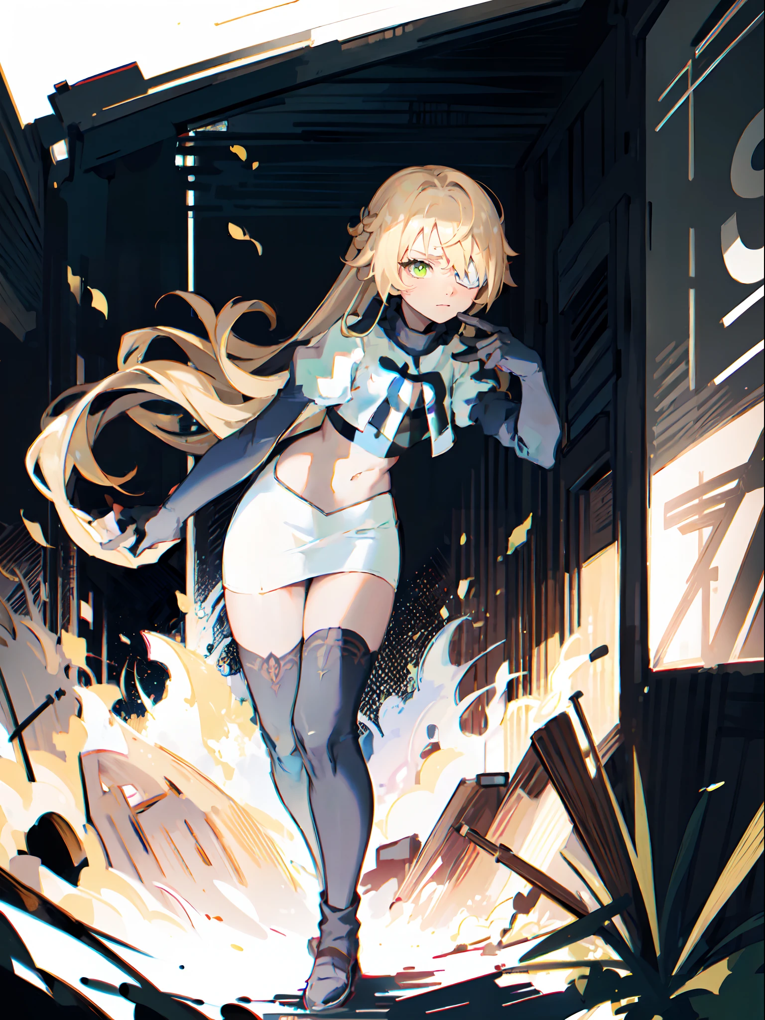 fischl (genshin impact), green eyes, (white pupils:1.2), fischl (genshin impact), medium_breasts, blonde hair, eyepatch, long hair,hair over one eye,1girl,team rocket,team rocket uniform,white skirt,crop top,black thigh-highs,black elbow gloves,