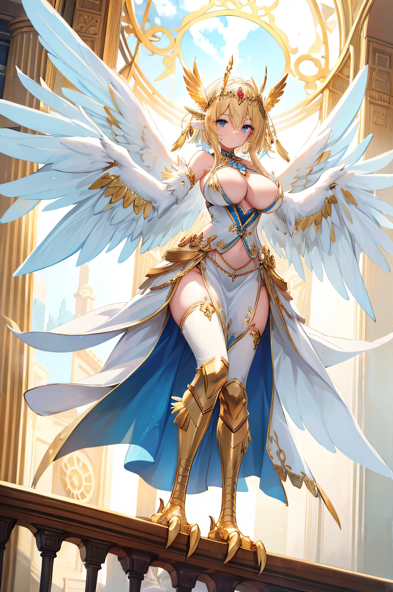 4k,hight resolution,One Woman,harpy,Bright blonde hair,Longhaire,Bright blue eyes,huge tit,Bright white wings,Golden toenails,valkyrie,Goddess dress,Winged headgear,jewel decorations,Temple in the Sky