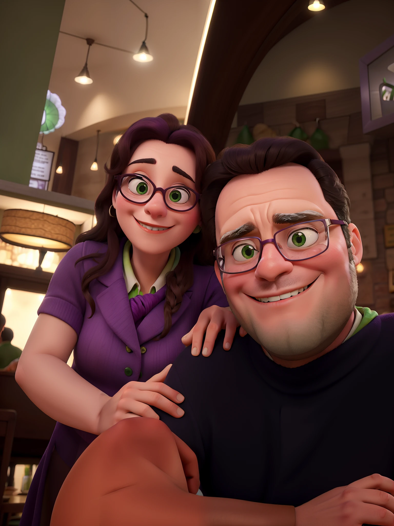 Obra-prima, de melhor qualidade, A couple of glasses, wearing a purple coat and green scarf, Italian Restaurant Hugs.