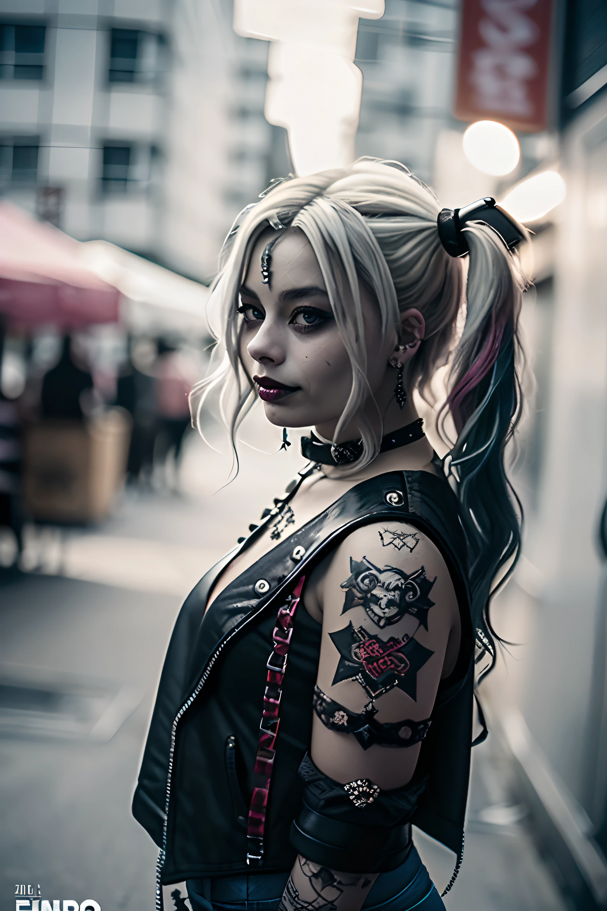 ((Margot Robbie como Harley Quinn como Garota Punk)), (Margor Robbbie), emo,sorriso, (rindo), Tosaka、Se mangas, lo gothic punk, 1girl em, solo, medium shot, ((durante a noite)), bokeh dof, Neon light, olhos iridescentes, starly sky, cabelos loiros com mechas rosa e azul ao estilo Harley Quinn, Sobrancelhas pretas, Cabelos radiantes, brinco, franja, joias, Bluntbangs, Backround desfocado, borrado, adornos de cabelo, pearsing, Olhe para os espectadores, retratos,、lo gothic、(masutepiece), (retrato), (aesthetic), (Beautiful), (loira superior ao estilo Harley Quinn), (alta qualidade), (aesthetic clothing), (Professional angle), (thirds rule), (Feminino), (female), (Beautiful),(feminine features), sozinho, 1 mulher, (Harley Quinn punk encantadora), Invernos, dramatic light, (Standing), Maquiagem preta, batom preto, sombra nos olhos preta;, (face frontal), (Challenging Expression), ((desafio)), (Jaquetas de couro e tatuagens), (e.G. e rosas), (cabelos grossos), Cabelos foscos com brilho, (Faixas de cabelo espalhadas no cabelo), (Visual arrojado e arrojado), (pale skin), (Roupas escuras), (camiseta de banda), (ripped jeans), (-), Crew neckline), ((Fundo do beco urbano)), (tiro de perto), beautiful hands, normal hands, two arms, Complete hands, Corpo bonito, Dedos bonitos, dedos normais, cinco dedos, cinco dedos, (Polegar, dedo indicador, dedo anelar), Orelhas bonitas, orelhas normais, Olhos bonitos, olhos brilhantes, Boca bonita, beautiful lips,
