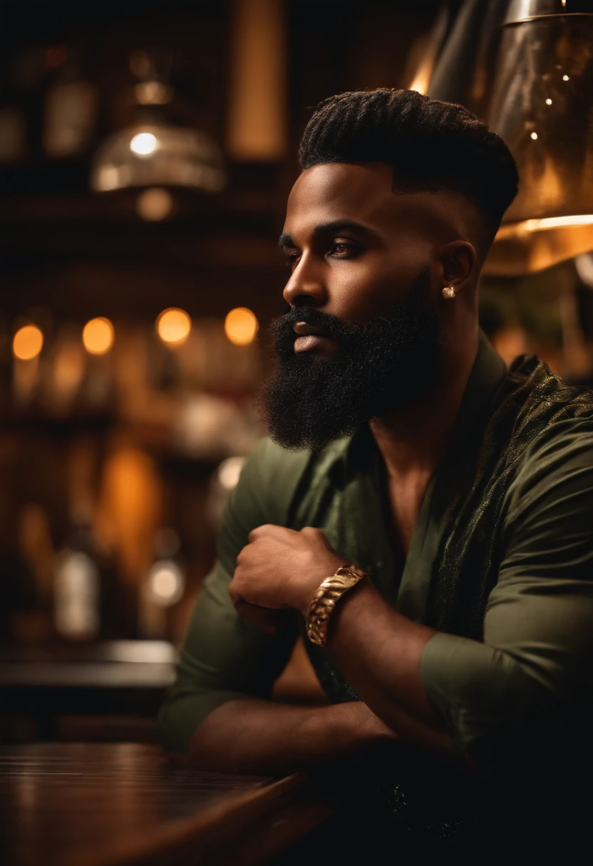 homem bonito negro, alto fazendo a barba com estilo em barbearia, foto detalhista e rica em detalhes