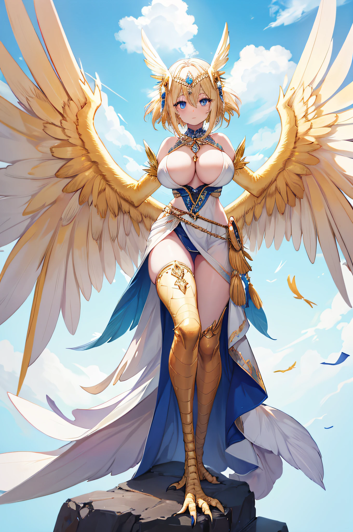 4k,hight resolution,One Woman,harpy,Bright blonde hair,Longhaire,Bright blue eyes,huge tit,Bright white wings,Golden toenails,valkyrie,Goddess dress,Winged headgear,jewel decorations,Temple in the Sky