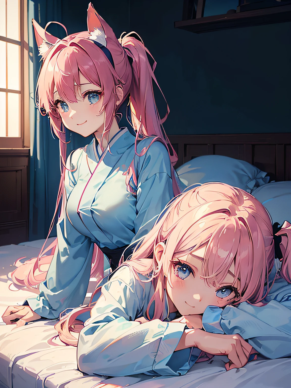 ((top-quality)),(An unparalleled masterpiece),(Super exciting),(Unified 8K),(extremely clear),(Very sophisticated),(Anime-like),(Photo 2D)、portrait of a full body、japanaese girl、a baby face、Pink short ponytail、shairband、Ahoge、drooing eyes、blue eyes、long eyelashes、tthin eyebrows、Beautiful breasts、emphasis on the buttocks、Light blue pajamas、Overlaid feel、on the beds、Prone、Detangles hair、Half eye、closes mouth、A smile