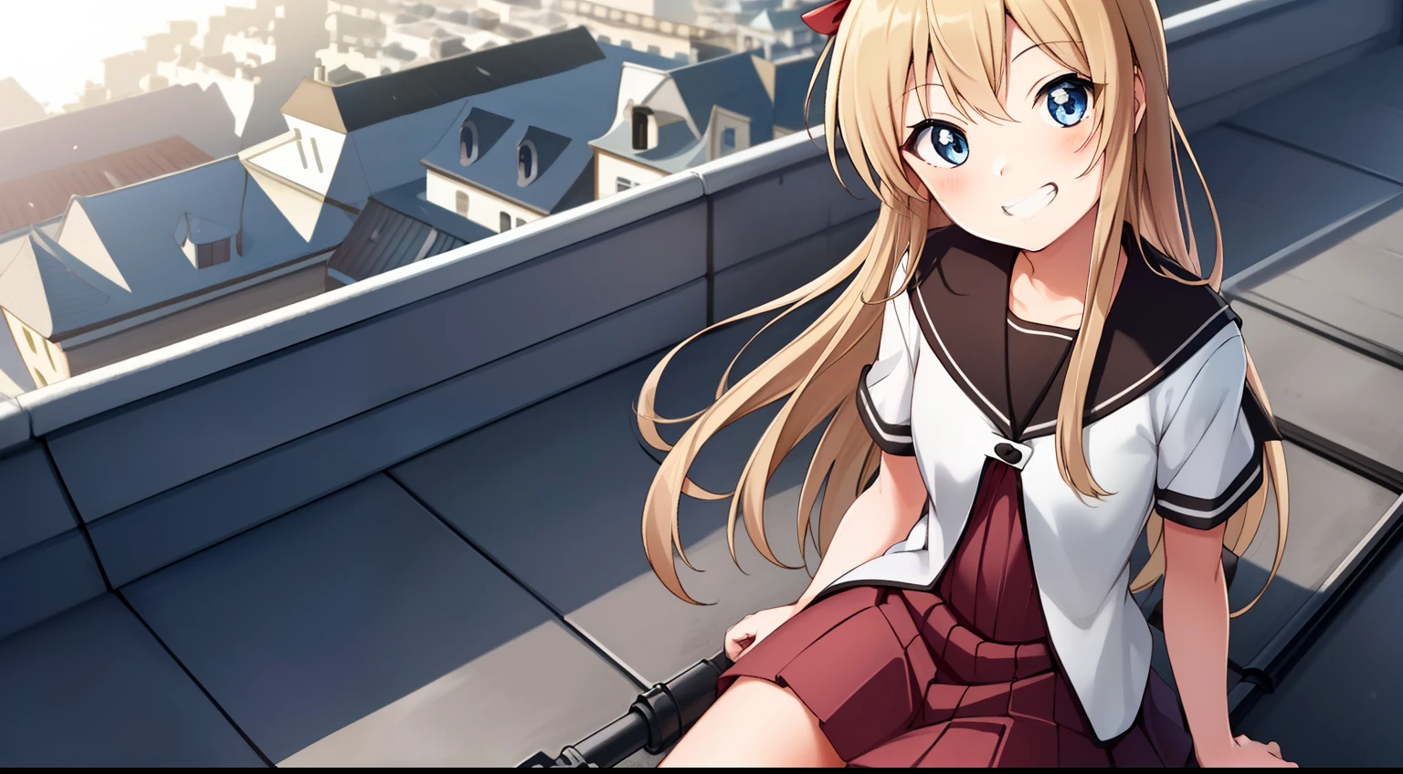 (best quality:1.2), masterpiece, ultra high resolution, (hard light:0.5), depth of field,  1girl, blue_eyes, blonde_hair, red ribbon, nanamori school uniform, v, looking at viewer, grin, (Sit on the rooftop School)