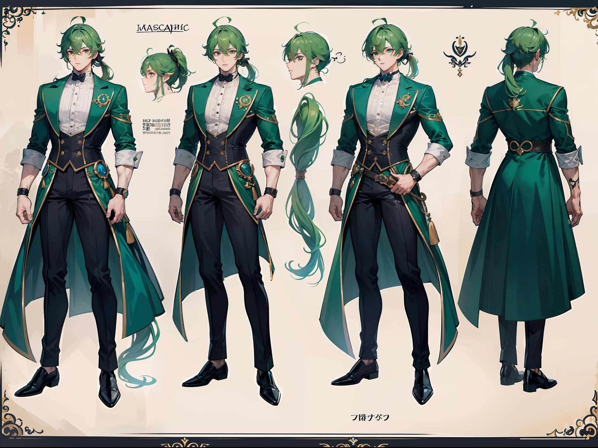 ((Masterpiece, Highest quality)), Male, boy, Detailed face, character design sheet， full bodyesbian, Full of details, frontal body view, back body view, Highly detailed, Depth, Many parts, Muscle boy with ponytail long green hair，handsome man, muscle body, vampire outfit clothes, Genshin Impact, man tall,