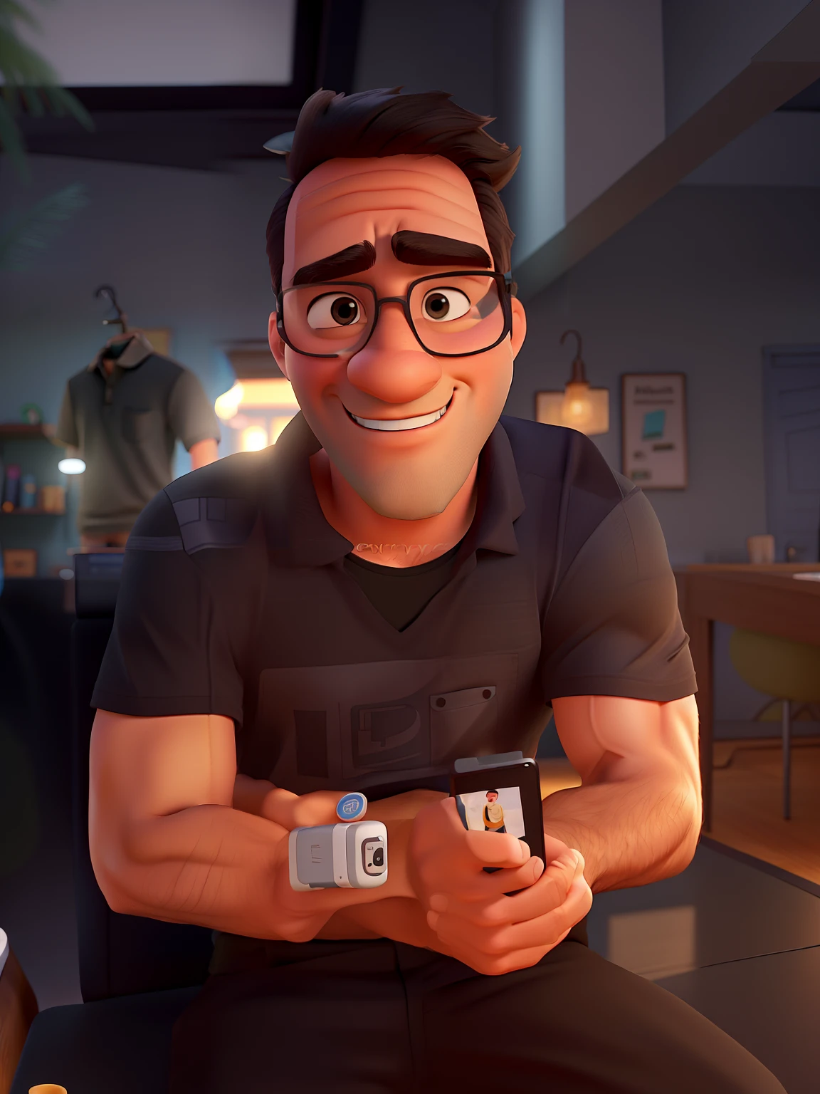 Loja no estilo Disney pixar, alta qualidade, melhor qualidade, homem sexy branco, 30 years old medium black hair black beard, musculoso, with background in an accessories store using the base image, The man wears a black polo shirt and is sitting behind the countertop with cell phone in hand