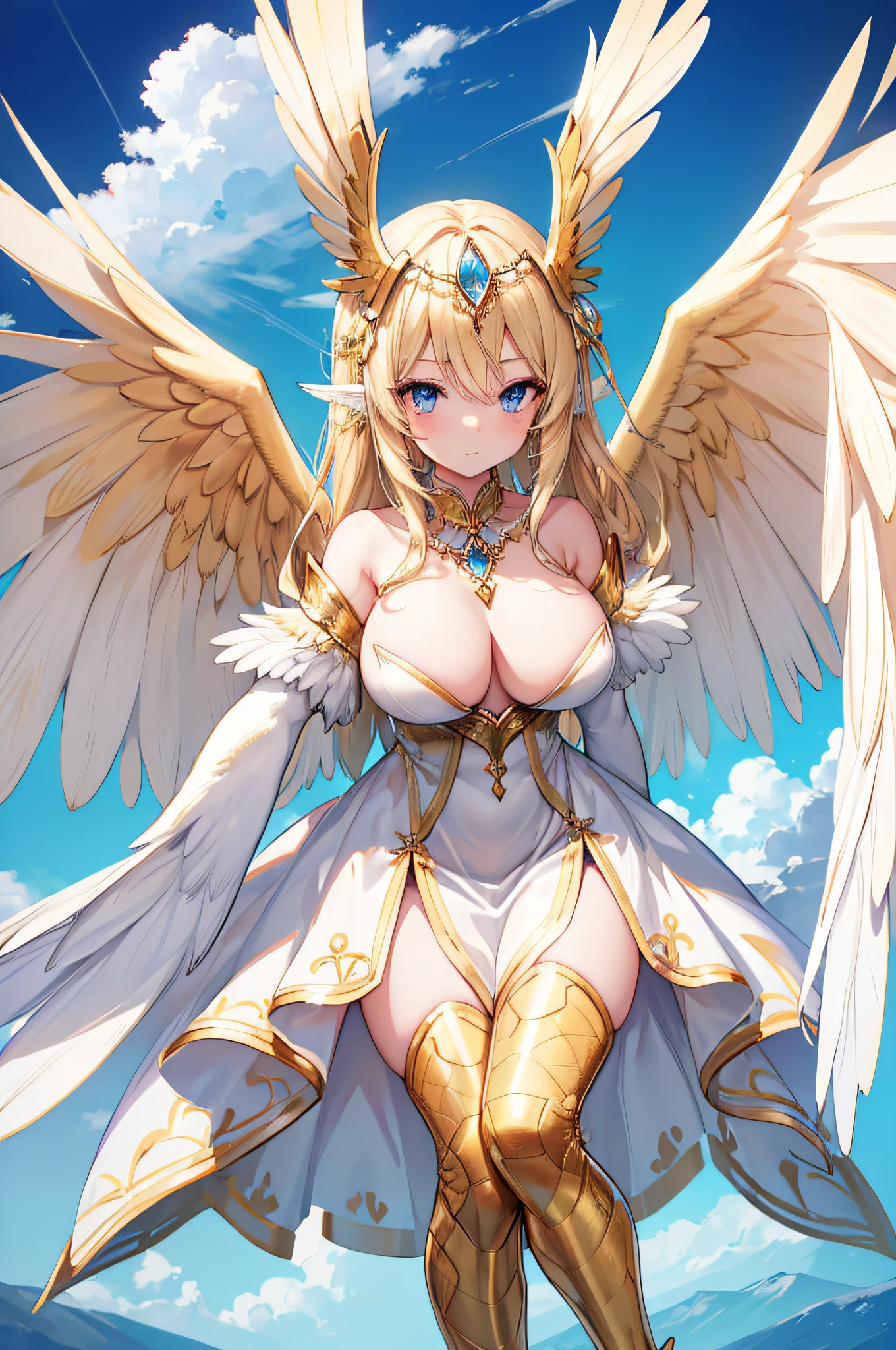 4k,hight resolution,One Woman,harpy,Bright blonde hair,Longhaire,Bright blue eyes,huge tit,Bright white wings,Golden toenails,valkyrie,Goddess dress,Winged headgear,jewel decorations,Temple in the Sky