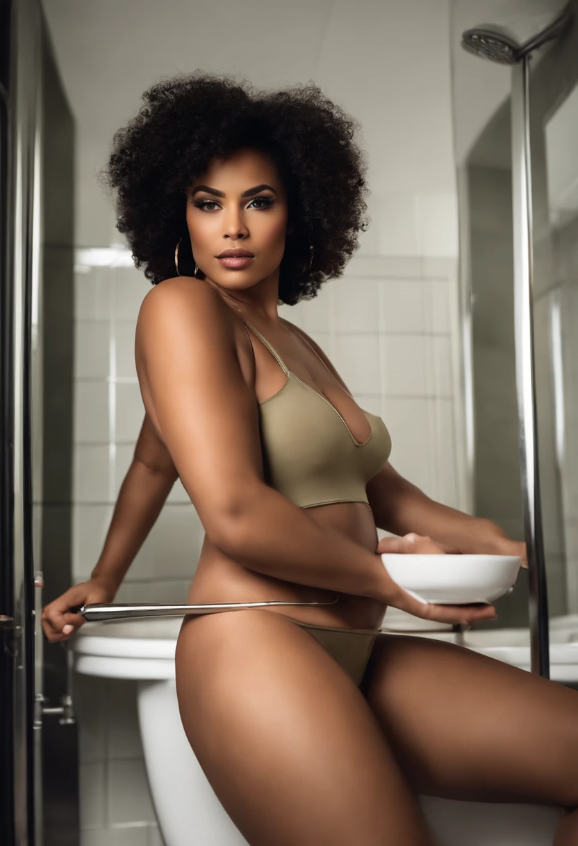 I would like a photo with a beautiful plus size mulatto model with very short hair in a curly military afro haircut, com tom de pele castanho escuro, totalmente nua, Shave the intimate area of the groin area with the disposable razor, to be able to observe details of your private parts and the region where you are shaving;, with her heart-shaped pubic hair with her waxing almost finished, in a bathroom with the front camera view