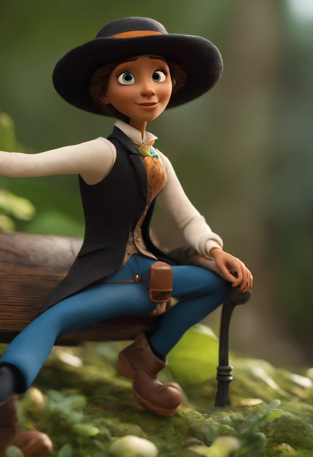 A dream botany inspired by Pixar animation, de perto. The character takes center stage with captivating facial expressions, oferecendo um toque de irrealidade, cabelos longos e negros, olhos castanhos e grandes, pele negra, Dressed in trousers and waistcoat