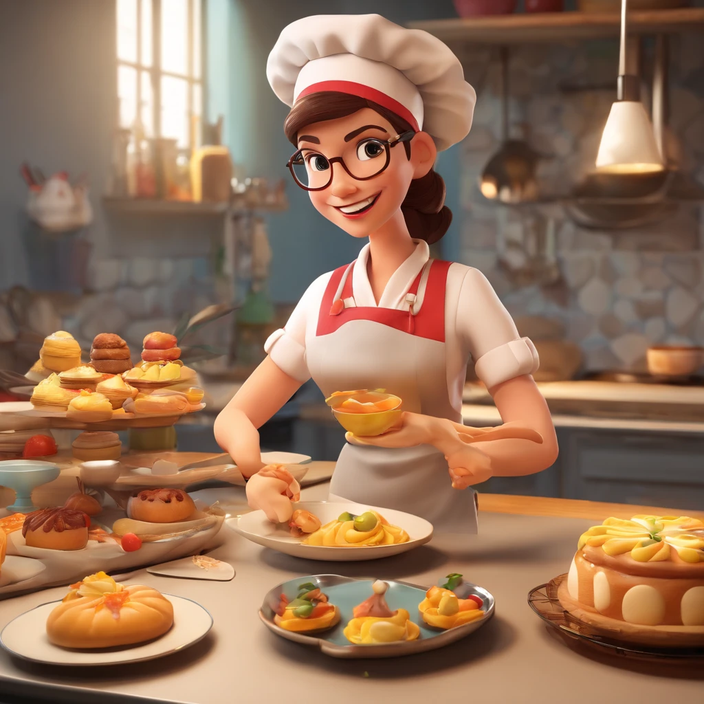 Crie uma cena de desenho animado  estilo 3d -Pixar, Onde uma mulher, de cabelos lisos castanhos com 35 anos de idade, She's cooking dressed as a pastry chef.