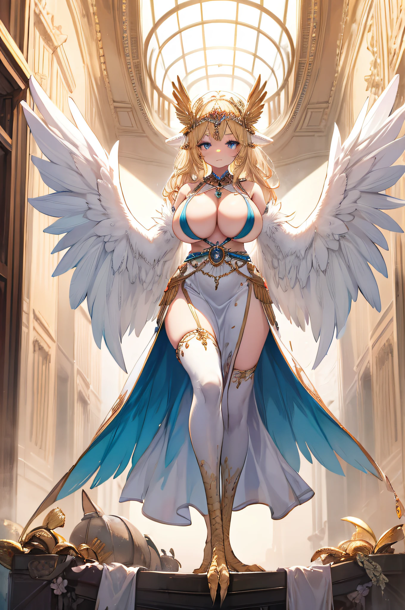 4k,hight resolution,One Woman,harpy,Bright blonde hair,Longhaire,Bright blue eyes,huge tit,Bright white wings,Golden toenails,valkyrie,Goddess dress,Winged headgear,jewel decorations,Temple in the Sky