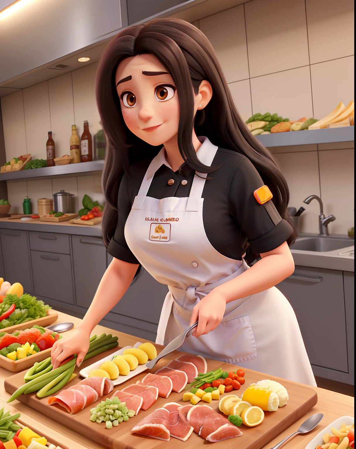 A 33-year-old woman, very long black hair, dark brown eyes, diabetic wears a free arm blood glucose sensor, Chef Wears a Dolma Uniform She Works with Cold Cuts Boards and Breakfast Baskets